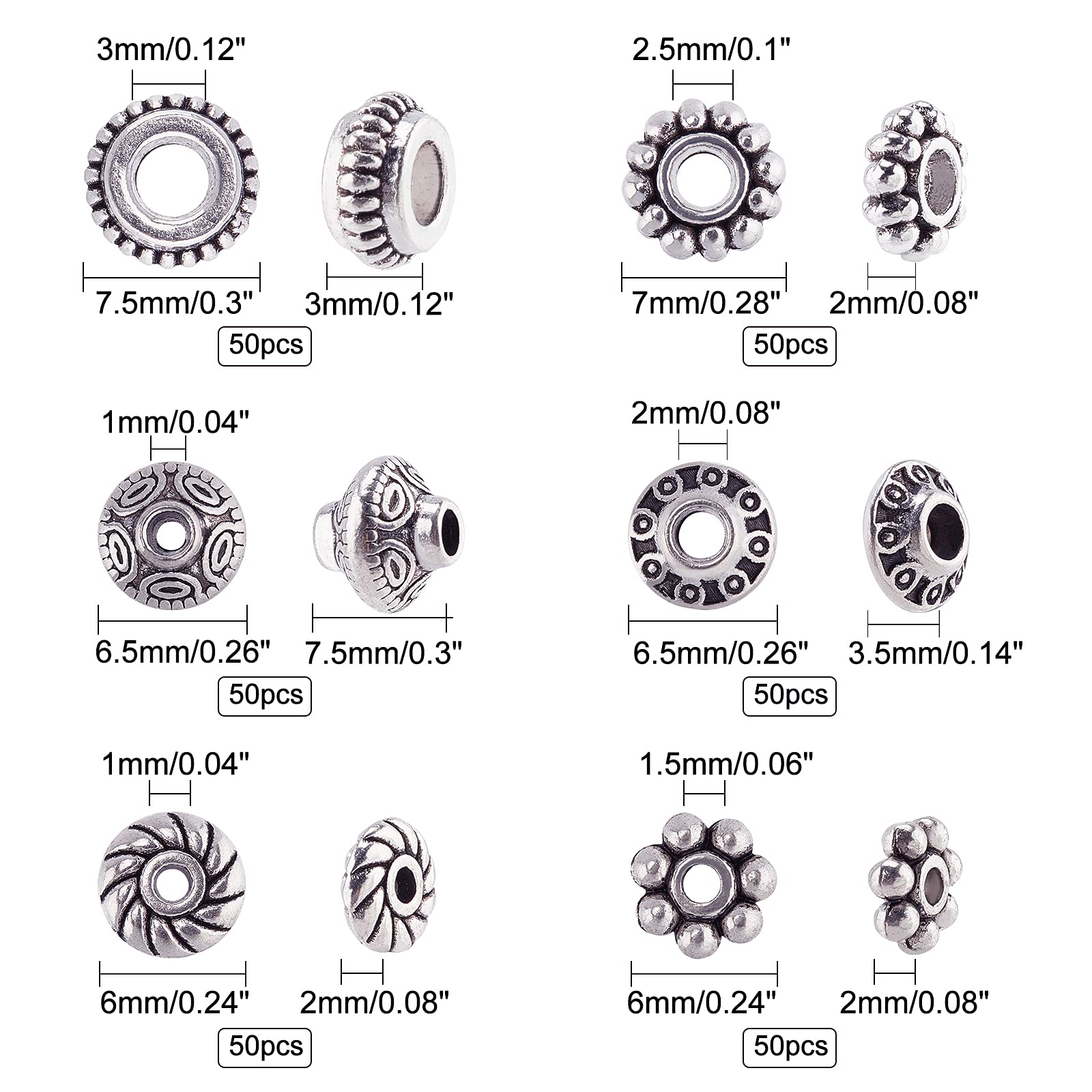 PH PandaHall 300pcs 6 Style Antique Silver Spacer Beads, Tibetan Metal Alloy Tube Spacers Flower Flat Rondelle Small Loose Beads for Bracelet Necklace Earring Jewelry Making Supplies