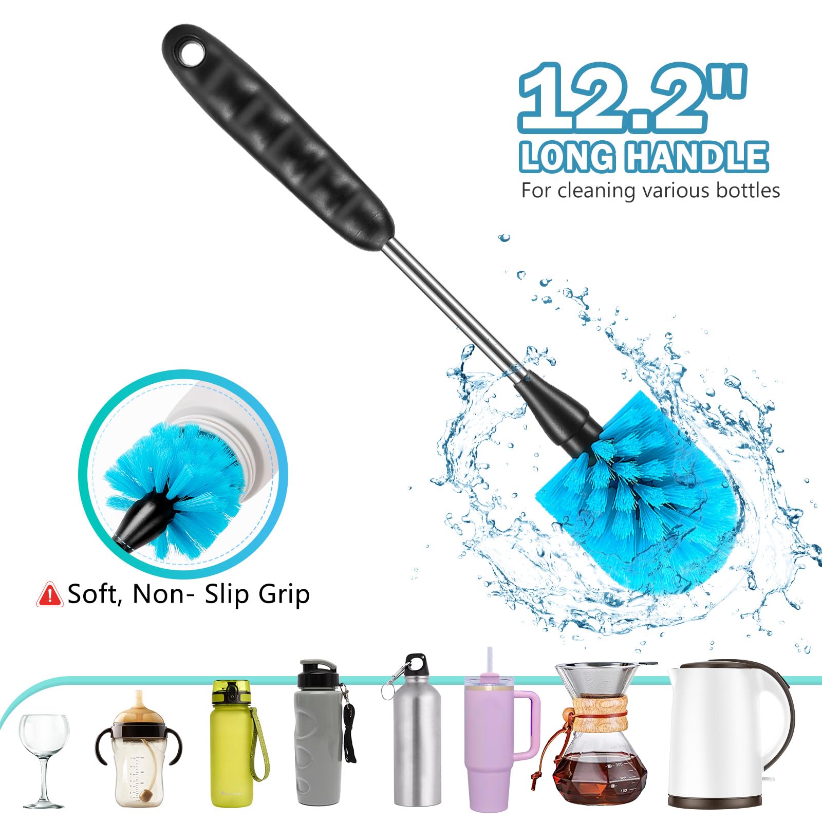 12.2 inch Bottle Brush Set of Three，Washable Coffee Cups, Water Bottles, Baby Bottles, Straws, to-go Cups, Long-Handled 3-in-1 Stainless Steel Bottle Brushes.