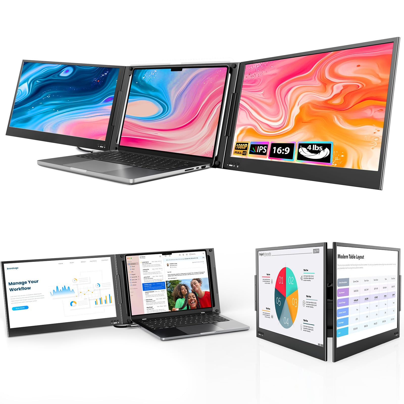 QQH Laptop-Bildschirmerweiterung, 15,6" dreifacher tragbarer Monitor für Laptops mit ultraschlankem FHD IPS Display, USB-C Plug-and-Play Erweiterungsbildschirm kompatibel mit macOS, Windows, Android für 12-16" Laptops