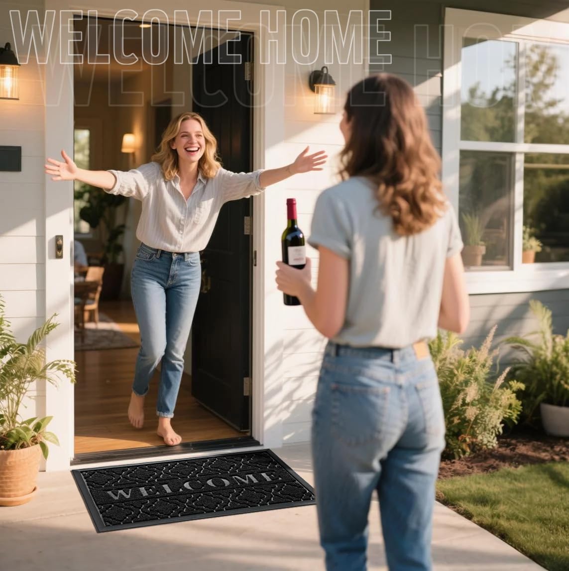 Yimobra Welcome Mat Outdoor Indoor 29.5x17, All-Weather Waterproof Front Door Mat Outside Entrance, Non-Slip Low Profile Porch Patio Doormat, Black