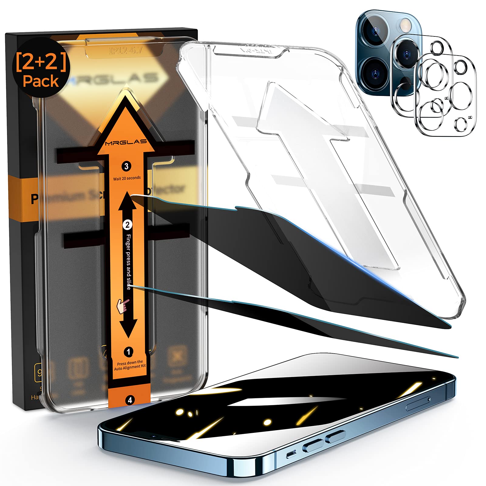 MRGLAS Privacy Screen Protector Compatible with iPhone 12 Pro Max 6.7 with Camera Lens Protector 9H Tempered Glass [Auto Alignment Kit][10X Military Shockproof] Diamonds HD Film[Anti-Spy]