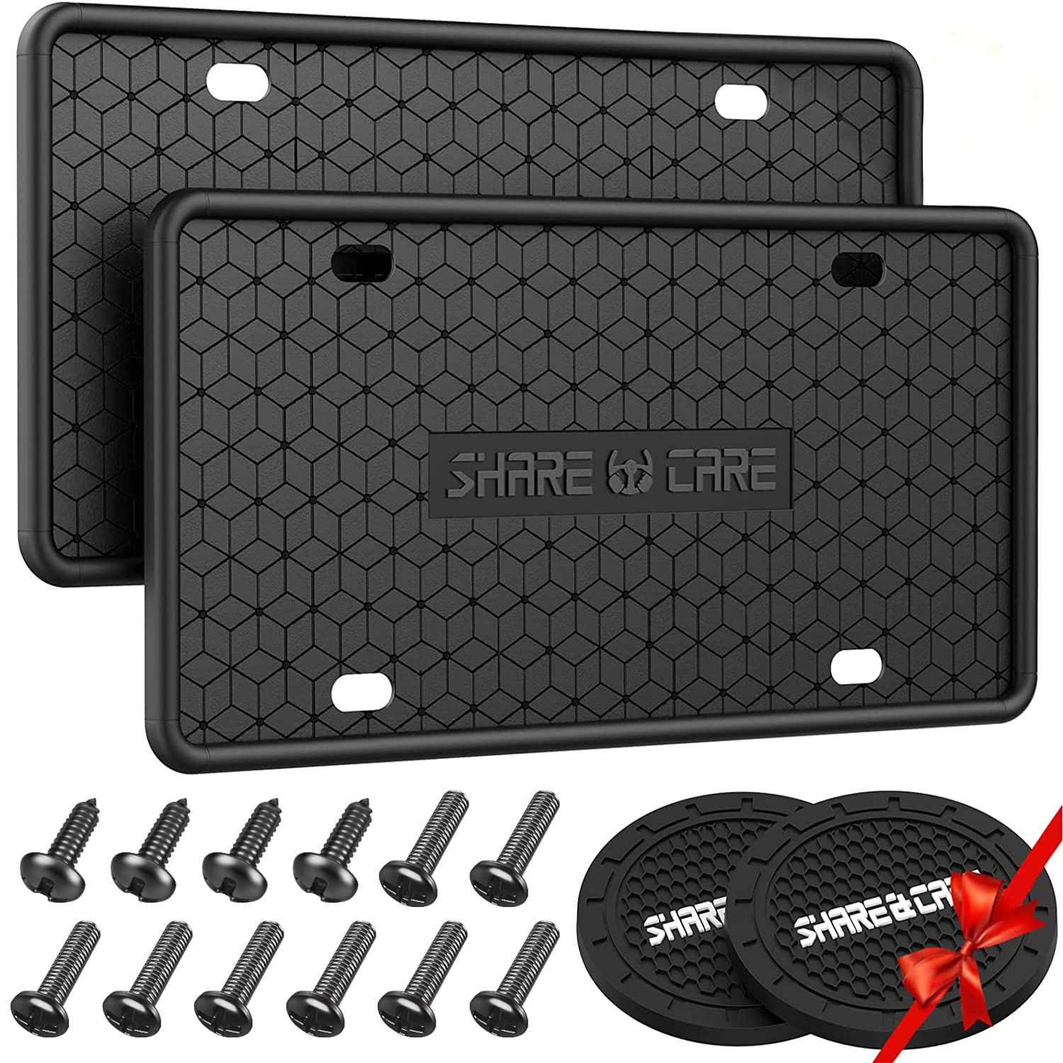 QiqaMole 2 Pack Silicone License Plate Frame, Front Back License Plate Cover, License Plate Bracket Holder Rust-Proof Rattle-Proof Weather-Proof for US CA Standard Car & 2Pcs Water Coaster (Black)