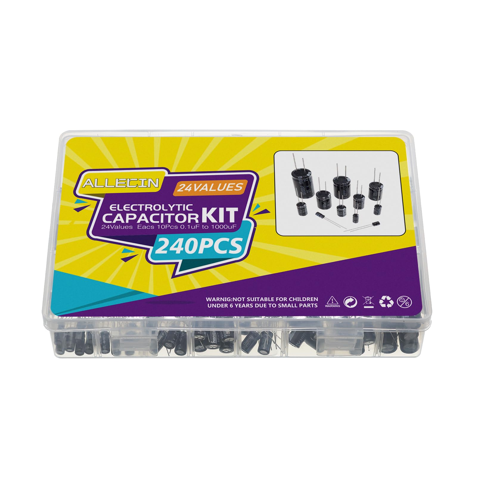 ALLECIN 24 Values Electrolytic Capacitor Assortment Kit from 0.1uF to 1000uF 10V 16V 25V 50V in-line Aluminum Capacitors Set