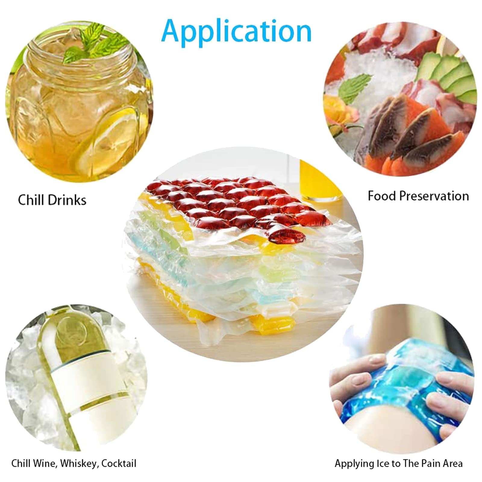 100 Bags Disposable Ice Cube Bags,Stackable Easy Release Ice Cube Mold Trays, Self-Seal Freezing Maker,Cold Ice Pack Cooler Bag for Cocktail Food Wine, Transparent with 1 funnels