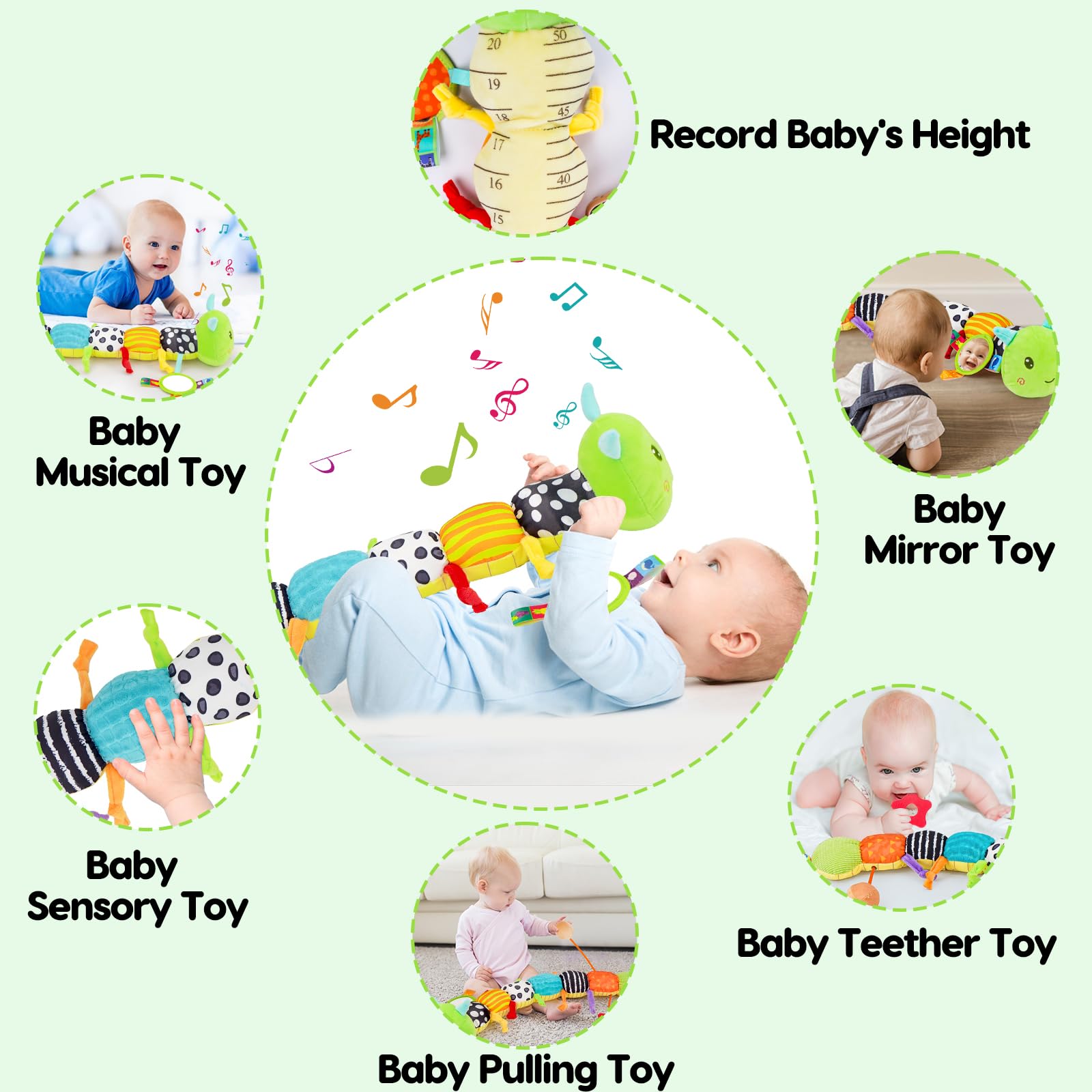 Baby Sensory Toy 0-6 Month Music Animal Stuffed Plush Caterpillar Toy for Infant 0-3-6 Month Tummy Time with Baby Mirror Crinkle Rattle for 6-12 Month Carseat Toys for Newborn Boys Girls Shower Gifts