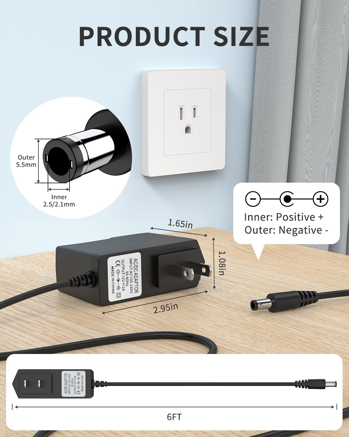 12V 2A Power Supply AC Adapter Replacement with 8 Tips, Regulated 12 Volts 2000mA Cord Charger for LED Strip Light, CCTV Camera, GPS, Webcam, Router, BT Speaker DC12V Transformer (6ft)