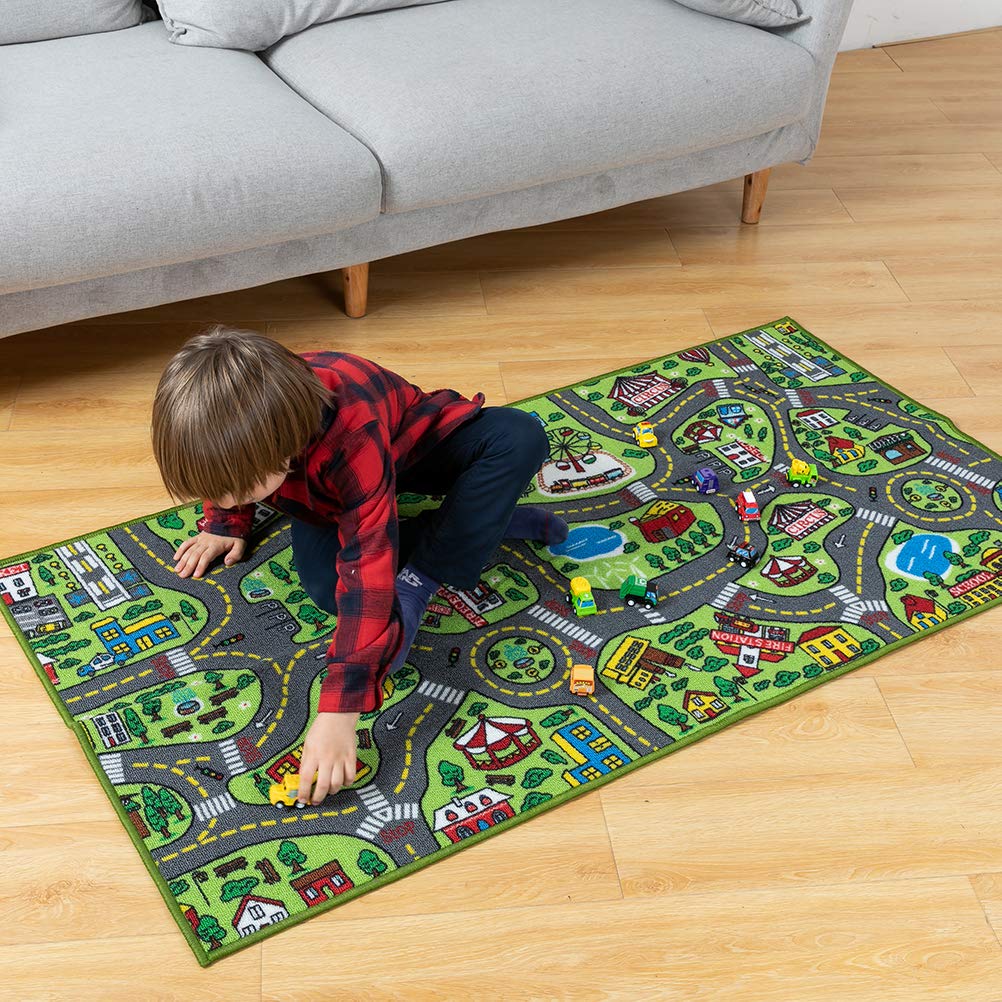 JOYIN Kids Play Rugs - 12 Pull-Back Vehicle Set - Durable Carpet Playmat Rug - City Pretend Play - Toddler Car Track Rug