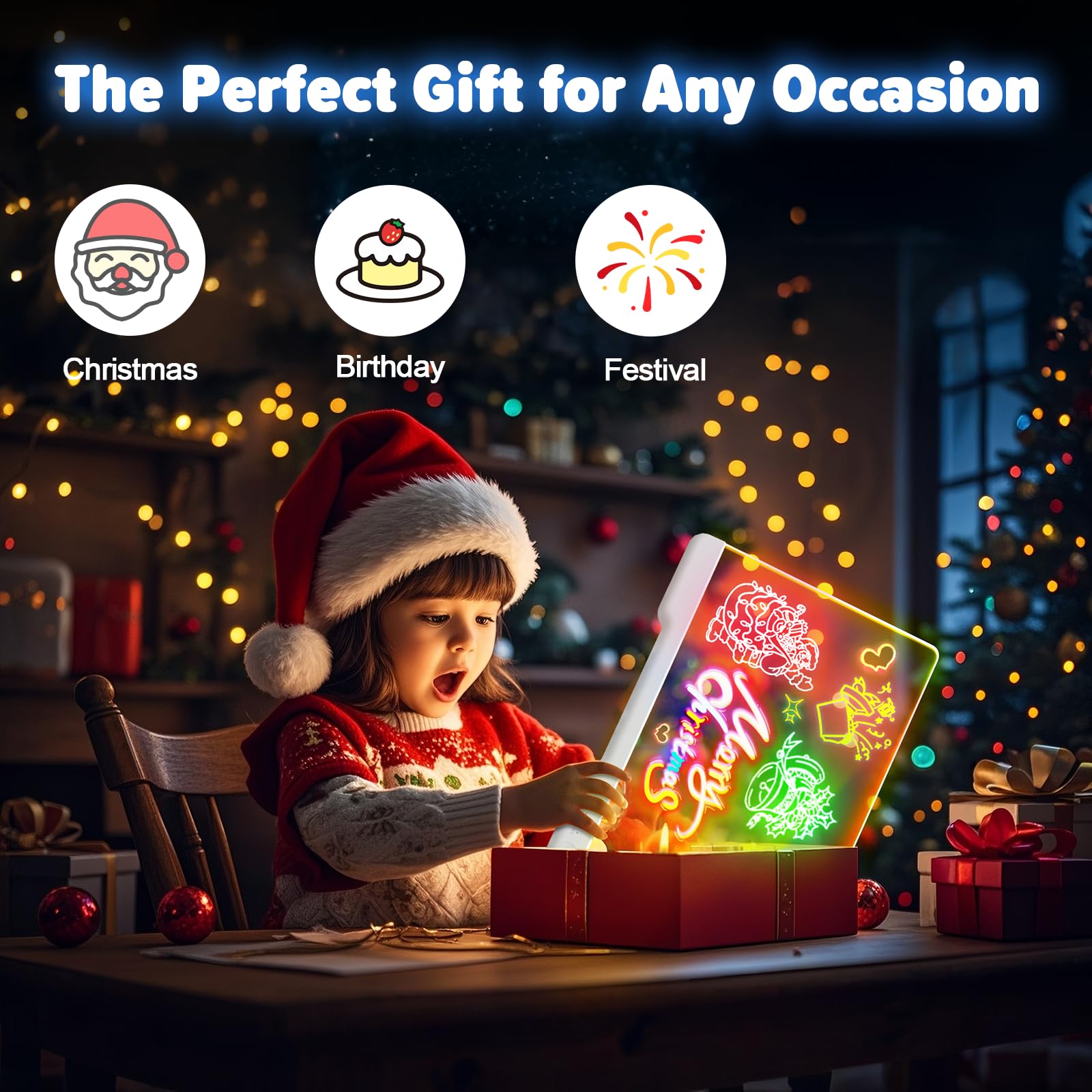 16-Inch Rechargeable Doodle Glow LED Note Board, 7-Color Light Modes, Neon Art Dry Erase Light Up Drawing Pad with Built-in Stand, Sketching Gift Toy for Kids/Girls/Teens, 5 Markers & Tracing Book