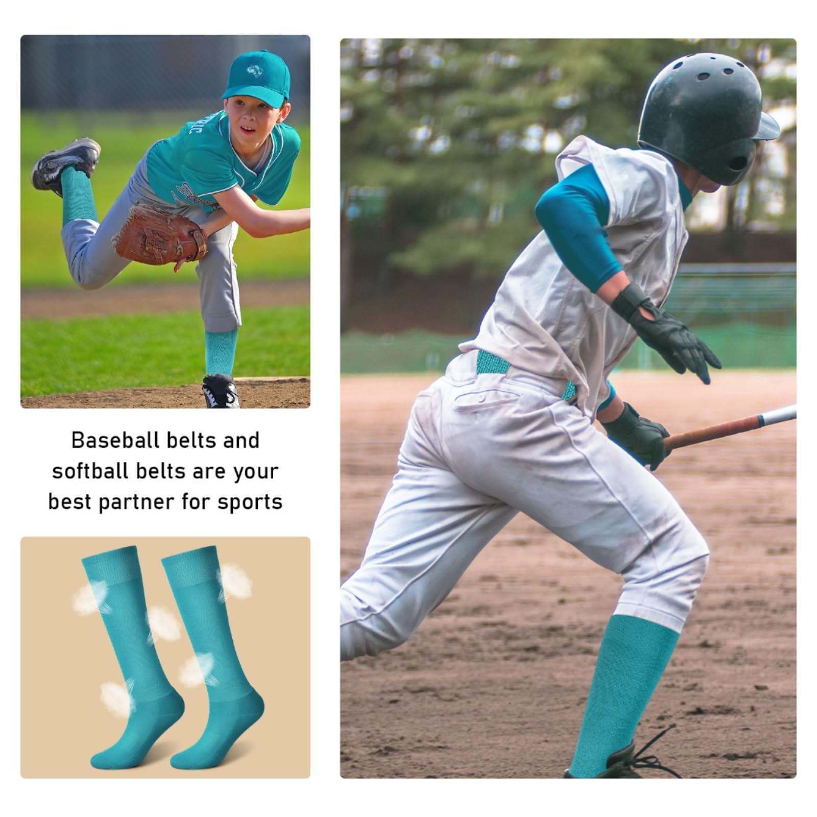 Zhanmai Baseball Belt and Socks Combo Adjustable Softball Socks and Elastic Waist Belt for Youth Boys Girls, Adult(Teal,Youth)