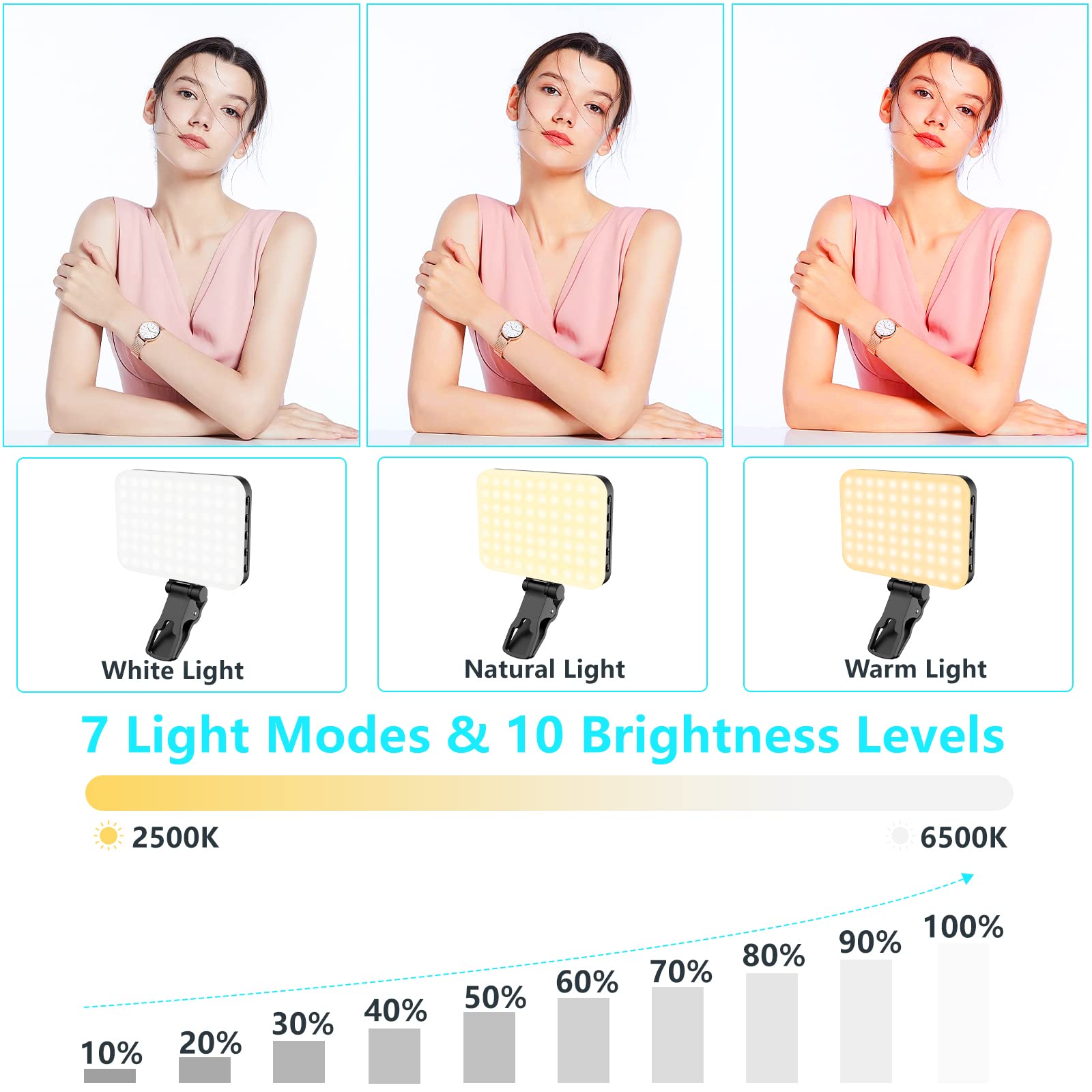 ANAUTIN Selfie Light, 60 LED 2200mAh Rechargeable Cell Phone Fill Light 7 Modes, 10-Level Brightness, Portable Clip on Light for Phone/Tablet/Laptop, Zoom Call Vlog Makeup TikTok Video Fill Light