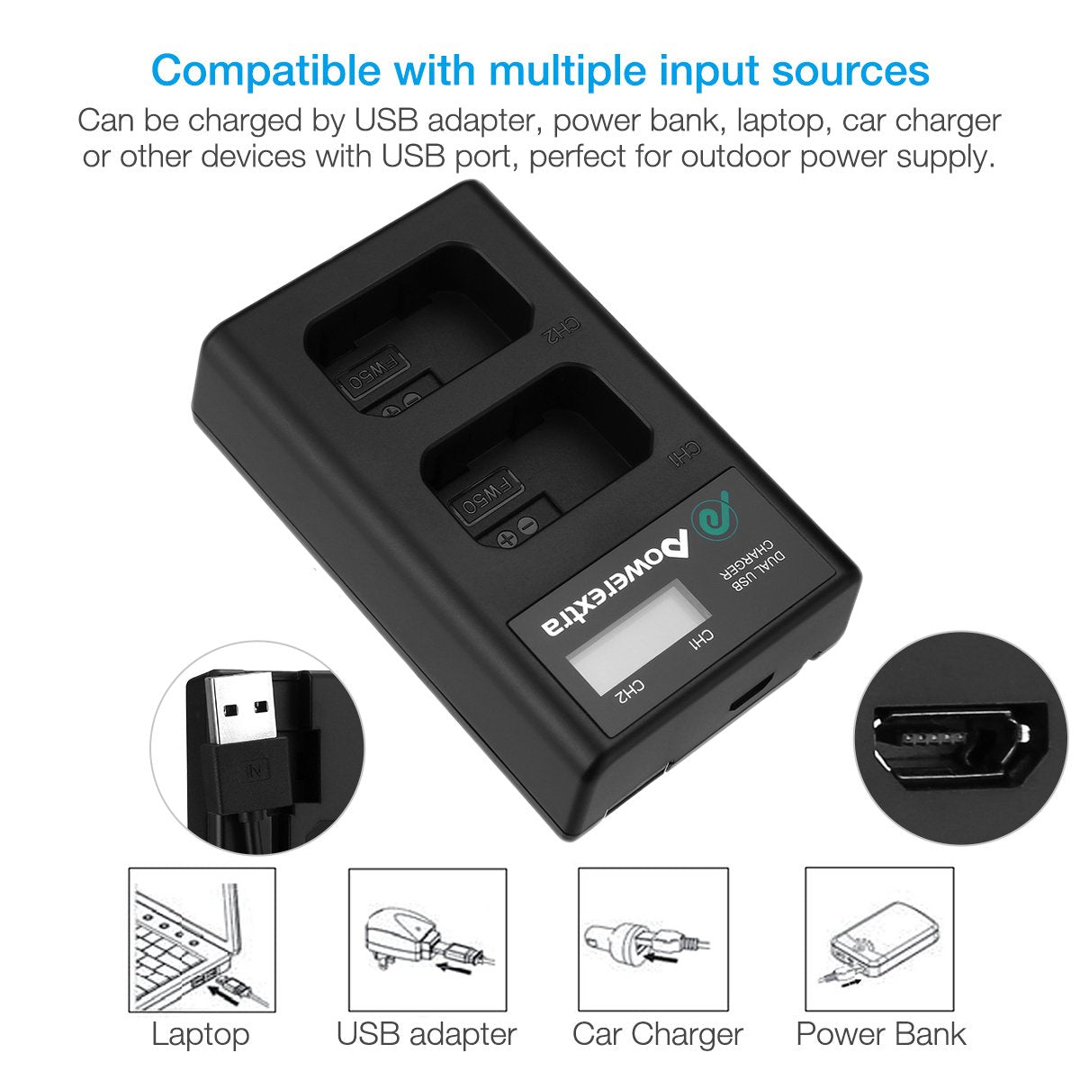 Powerextra 2 Pack Replacement NP-FW50 Battery & Smart LCD Display Dual Channel Charger for Sony Alpha a6500, a6300, a6000, a7, a7s, a5100, a5000, a7r, a7 ii Cameras