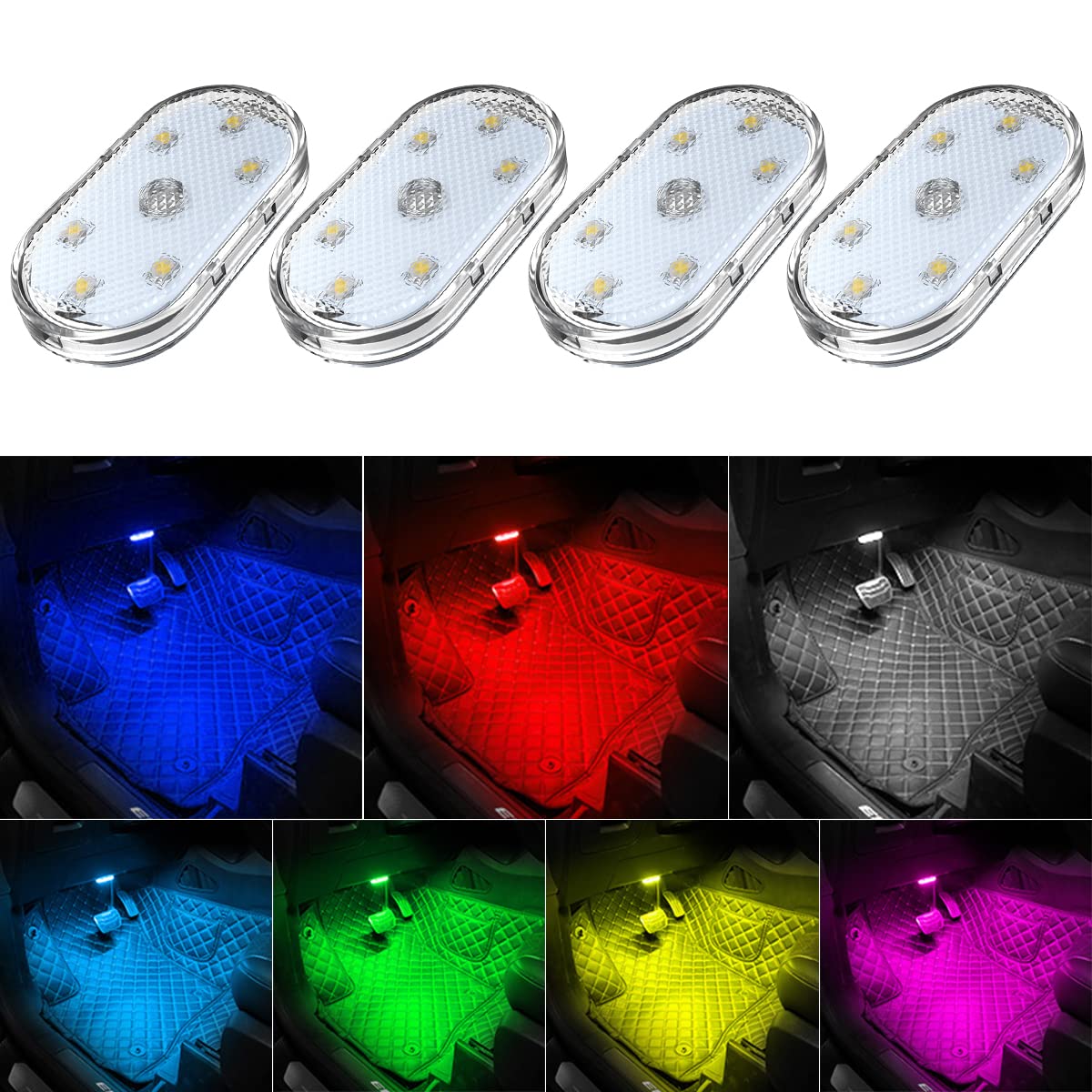 4Pcs Car LED Lights Interior Wireless, 7 Colors Interior Car Lights with 6 Bright LED Lamp Beads, Portable USB Rechargeable Car Interior Led Night Light for Car Decor