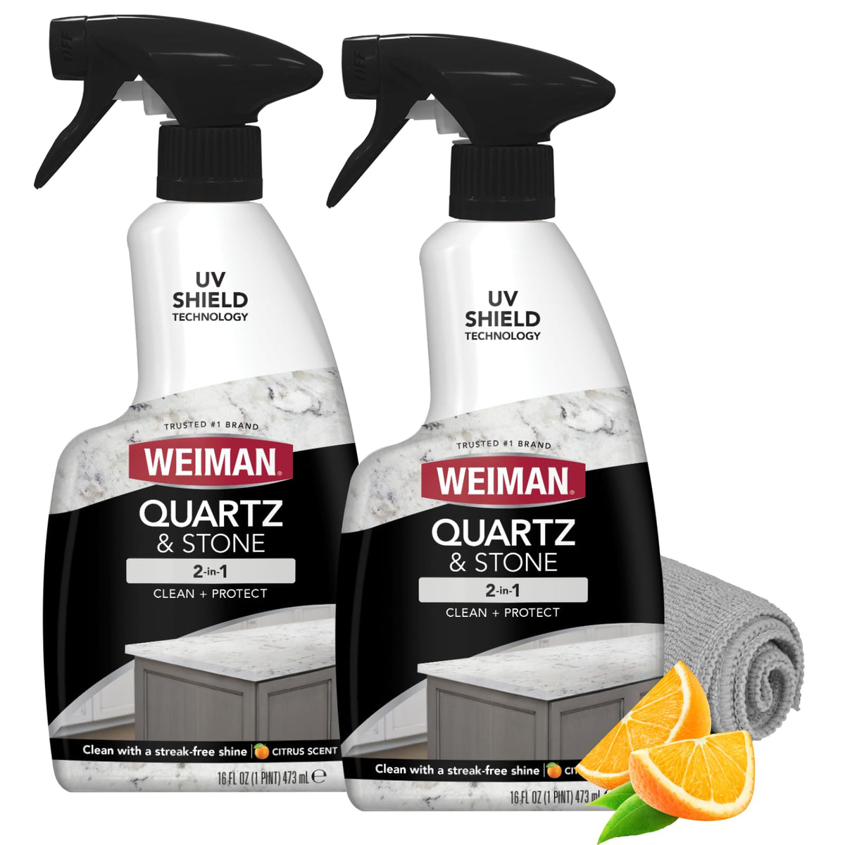 Weiman Quarz Arbeitsplatten Reiniger und Politur (2er-Pack mit Mikrofasertuch) Reinigen und Polieren Sie Ihre Quarz-Arbeitsplatten, Kücheninseln und Steinoberflächen mit UV-Schutz