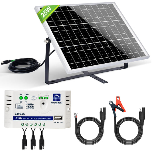 ECO-WORTHY 25 Watts 12V Off Grid Solar Panel SAE Connector Kit: Waterproof 25W Solar Panel + Adjustable Mount Bracket + SAE Connection Cable +10A Charge Controller for Car RV Marine Boat 12V Battery