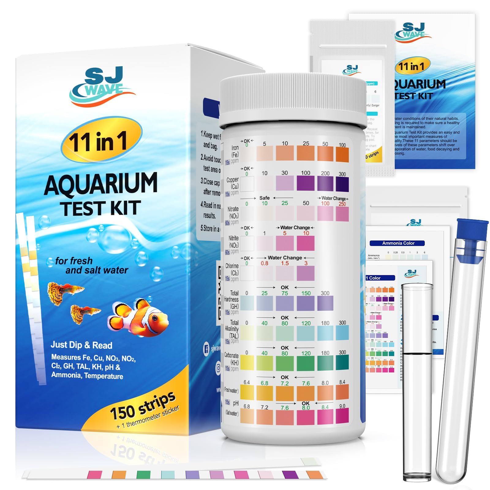 11 in 1 - Aquarium Test Strips | 950 Tests - 150 Strips | Fish Tank Aquariums Water Test Kit & ebook | Aquarium Thermometer | Fish Tank Water Testing Kit Includes 50 Ammonia Strips | Versatile Usage