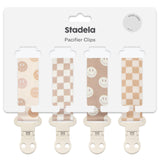 Stadela Baby Pacifier Clip Holder - Girl or Boy Unisex 4 Pack Gift Set - Retro Checker and Smiley Faces Design