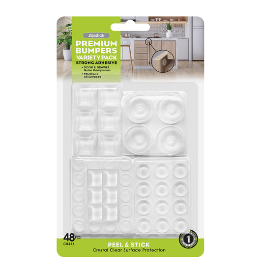 Slipstick Premium Adhesive Clear Bumper Pads 48 Piece Variety Pack, Round and Square Rubber Feet for Electronics, Cutting Boards, Cabinet Stoppers, Drawers, Furniture, Noise Damper Surface Protectors