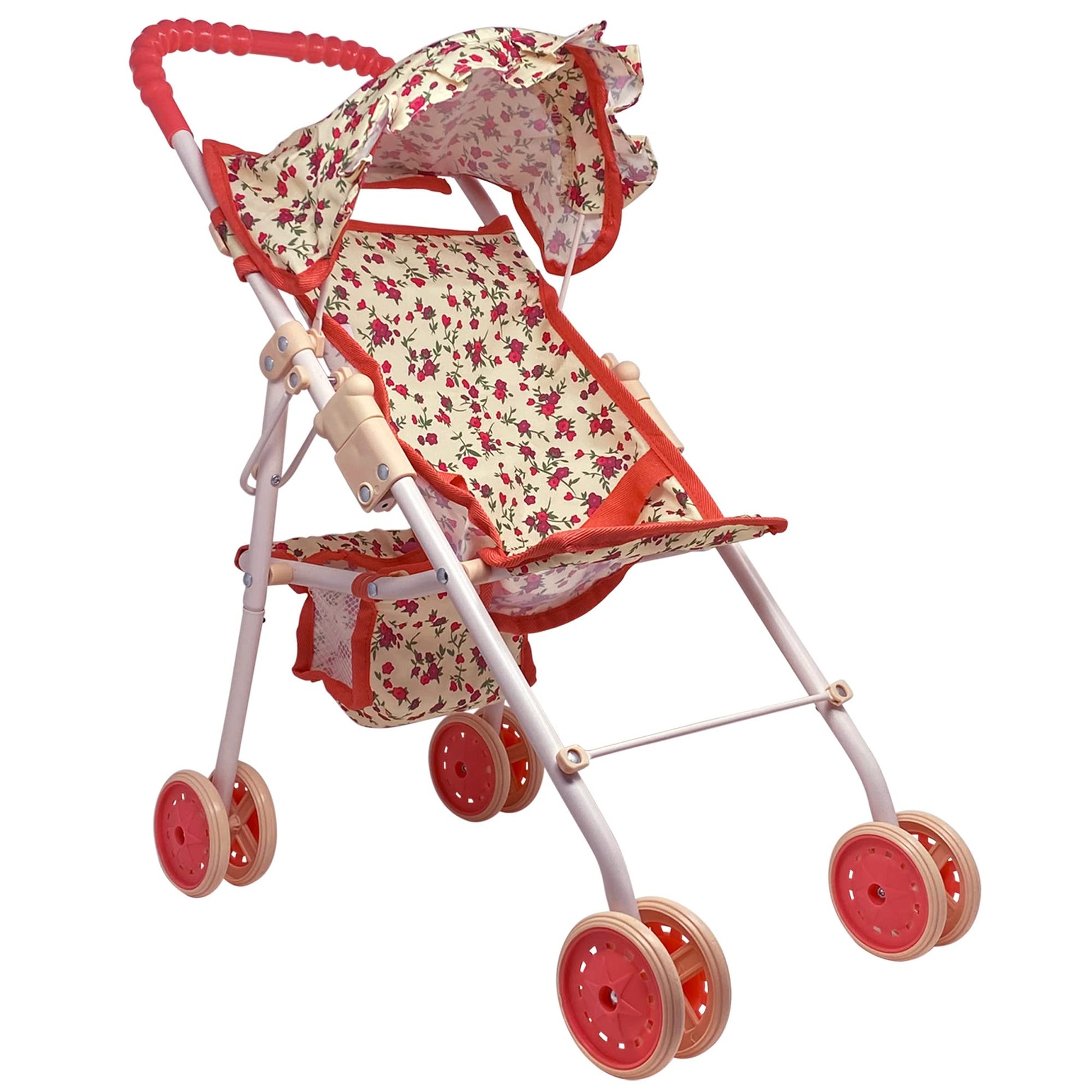 The New York Doll Collection My First Doll Stroller with Basket & Heart Design Foldable Doll Stroller, Pink