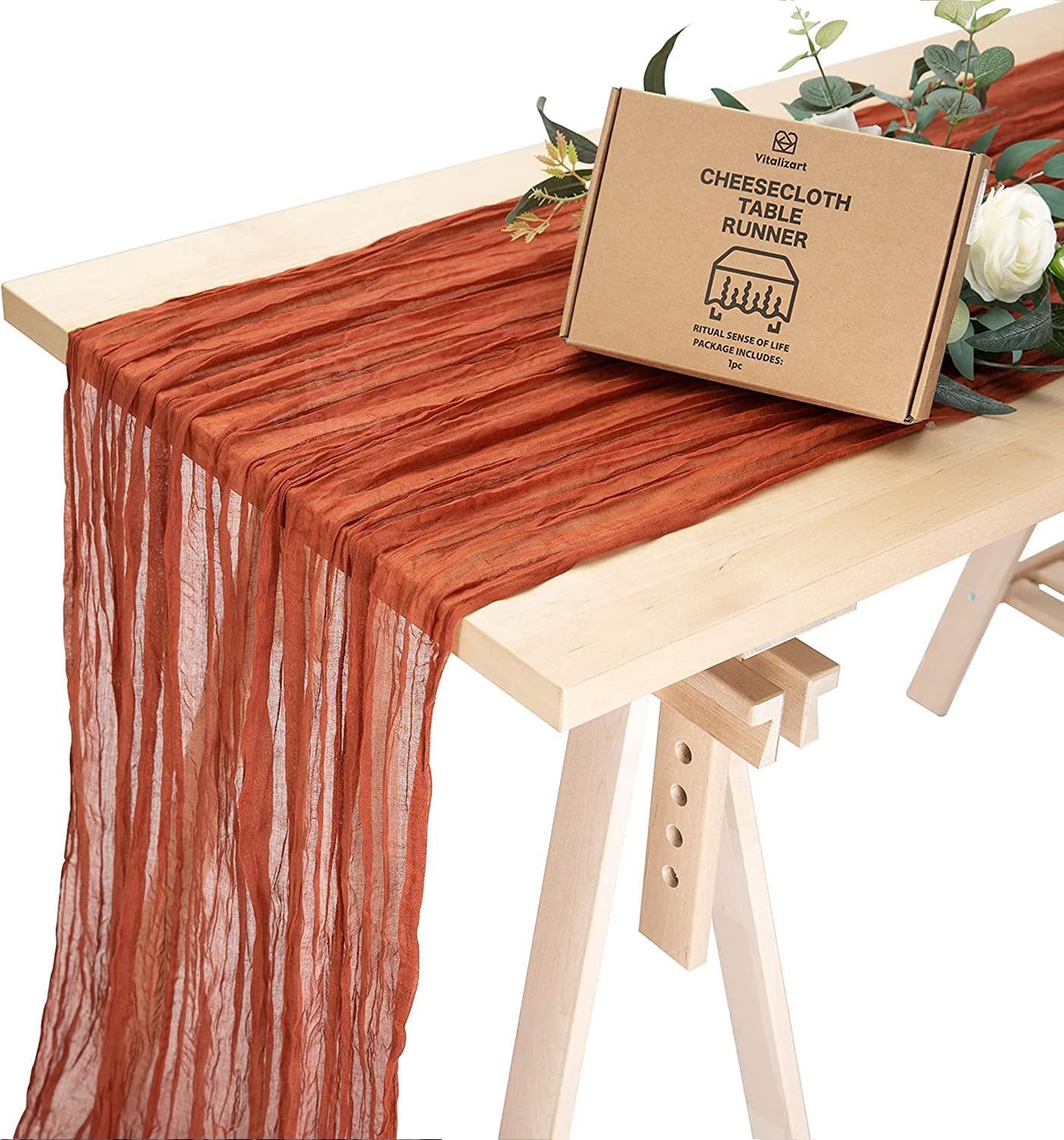 Vitalizart Cheesecloth Table Runner 10ft Gauze Boho Rustic Terracotta Cheese Cloth Table Runner for Wedding Bridal Shower Fall Thanskgiving Decoration 120 Inches Burnt Orange