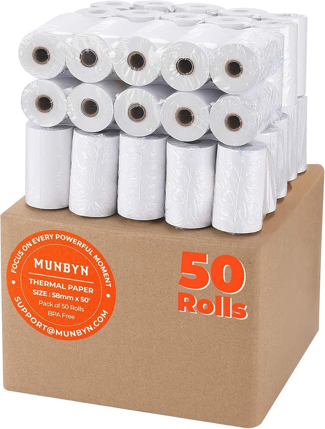MUNBYN 2 1/4" x 50' Thermopapier (50 Rollen), BPA-freies Bondruckpapier, 58mm Thermo-Bonrollen passend für alle 58mm Thermo-POS-Drucker, Square Terminal Kreditkartenleser, dick genug für deutliche Ausdrucke