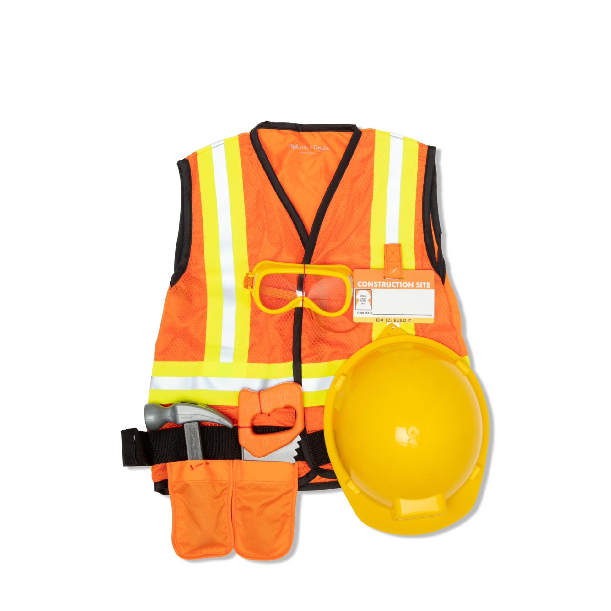 Melissa & Doug Construction Worker Costume Dress-Up Set for Kids (6-Piece) – Pretend Play Outfit with Tools & Safety Vest – Role Play Toys for Boys & Girls Ages 3+
