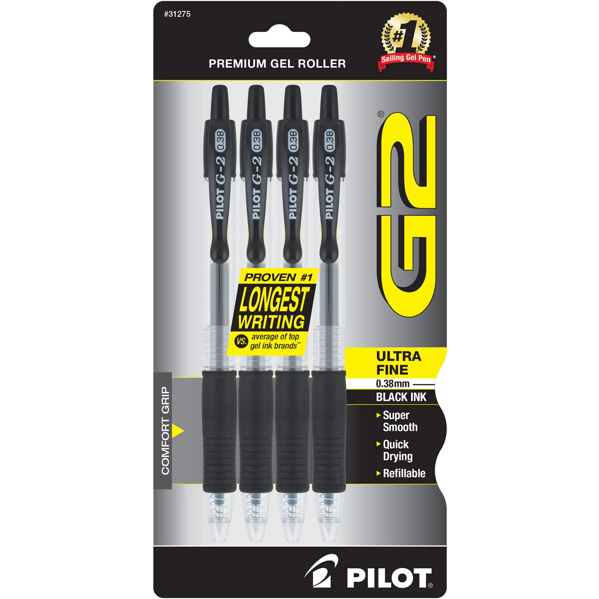 Pilot, G2 Premium Gel Roller Pens, Ultra Fine Point 0.38 mm, Pack of 4, Black, Blue, Green, Red