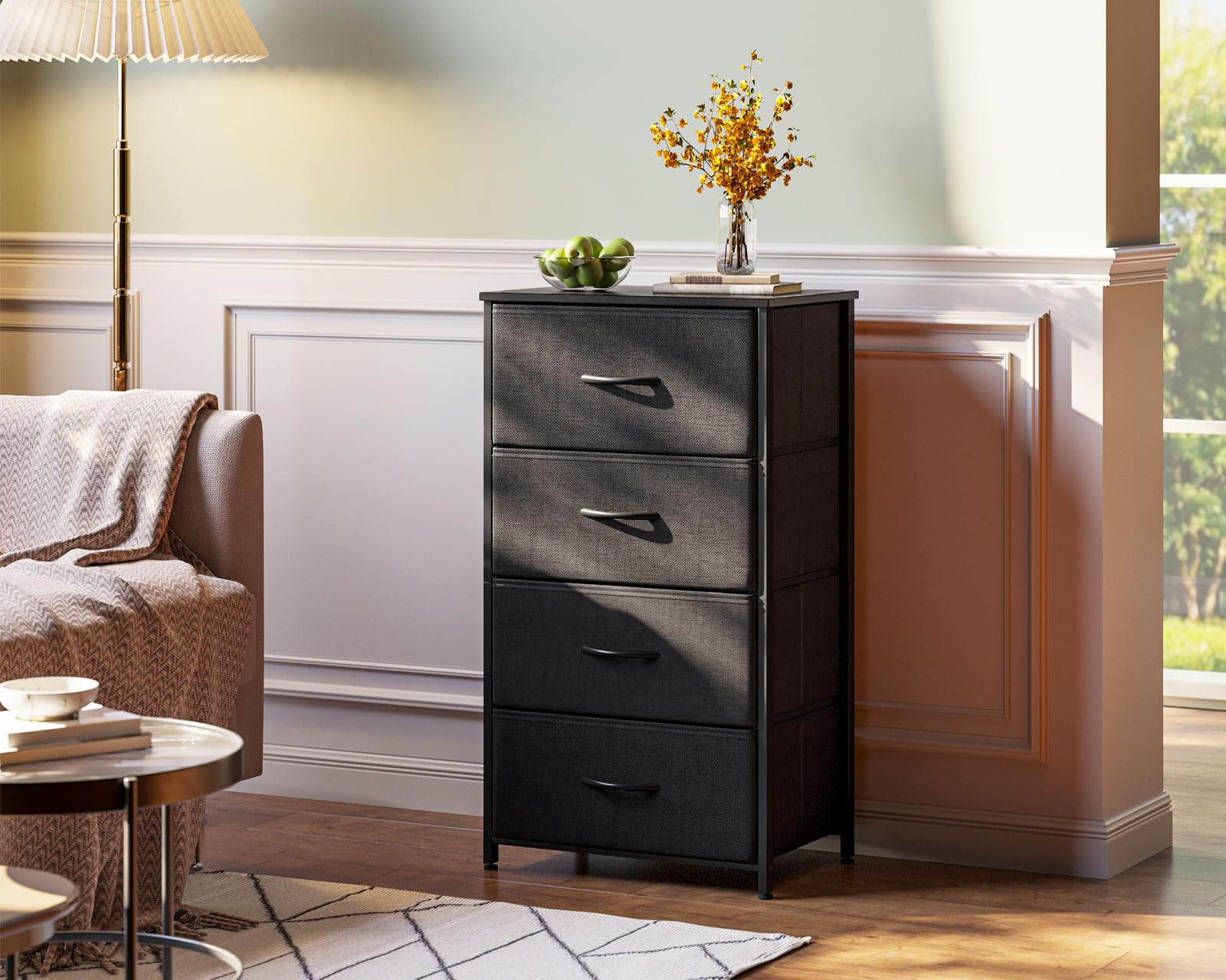 AODK Dresser for Bedroom with 4 Storage Drawers, Small Dressers Chest of Drawers Fabric Dresser with Sturdy Steel Frame, Black