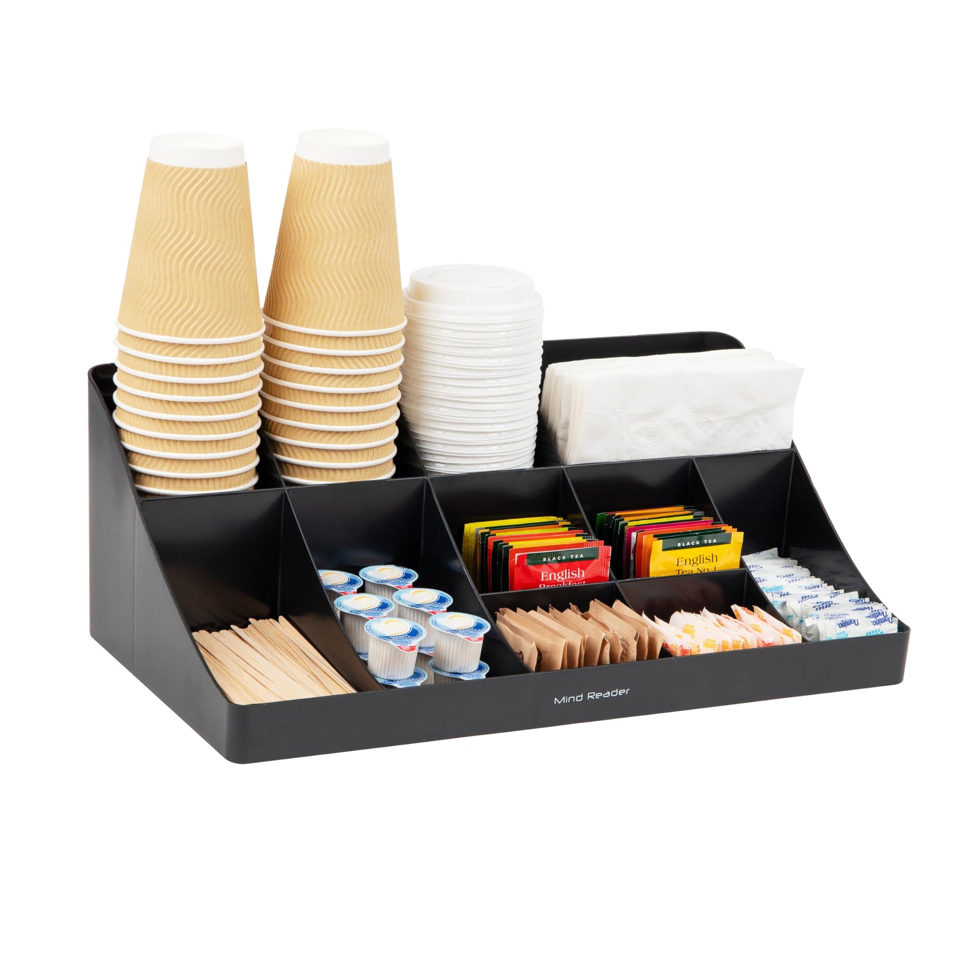 Mind Reader Cup and Condiment Station, Countertop Organizer, Coffee Bar, Kitchen, Stirrers, 17.875"L x 9.5"W x 6.625"H, Black