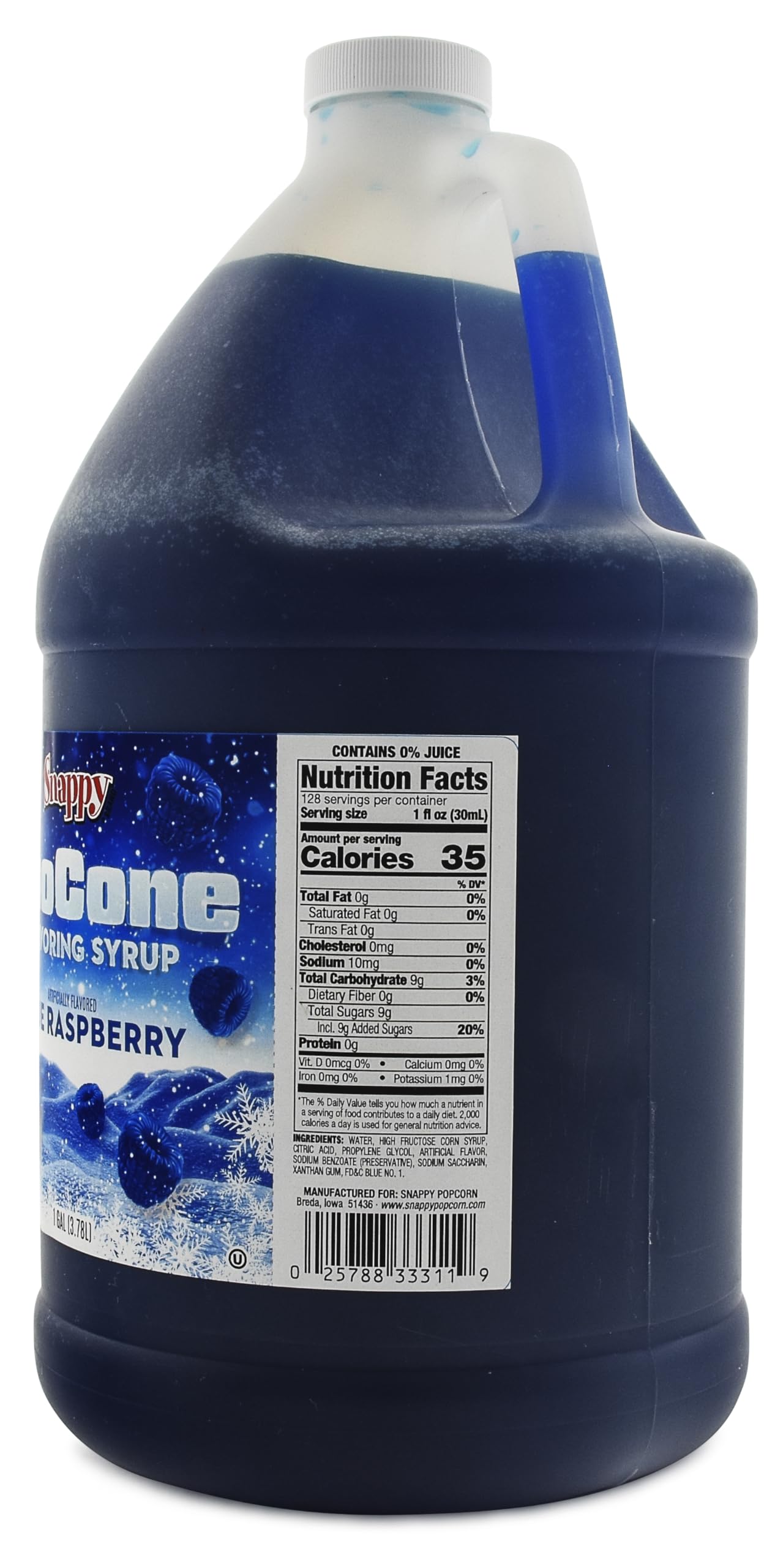 Snappy Blue Raspberry Sno Cone Syrup, 1 Gallon (128 ounces) Size, Ready to Use For Snow Cone Machines, Flavored Syrup for Shaved Ice, 14 Flavor Options