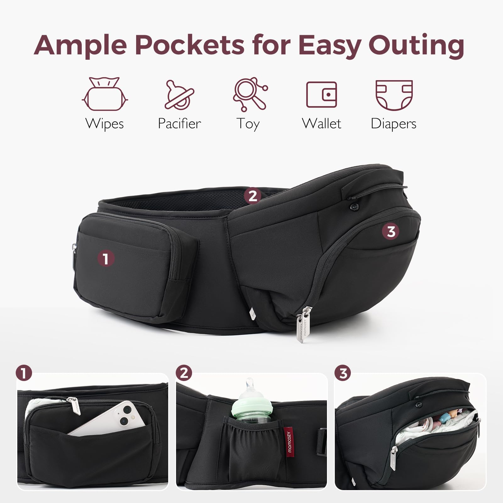 Momcozy Baby Carrier with Hip Seat, 2-in-1 Forward-Facing Carry for Active Babies, Detachable Hands-Free Infant Carrier up to 44lbs, All Seasons Toddler Carrier Fits Waist Sizes up to 45 Inches, Black