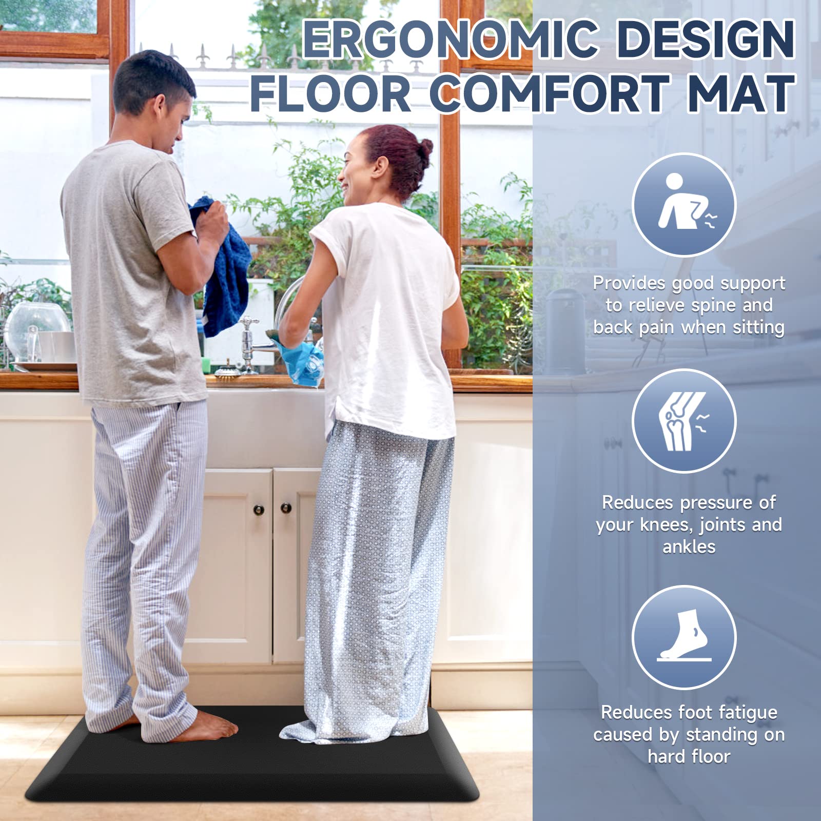 4/5 Inch Thick Kitchen Mats for Floor, StepRite Kitchen Rug for Standing Desk, Non-Slip, Thicker, Stain Resistant, Water Resistant, Comfort Anti Fatigue Floor Mat for Home, Kitchen, Office - Black
