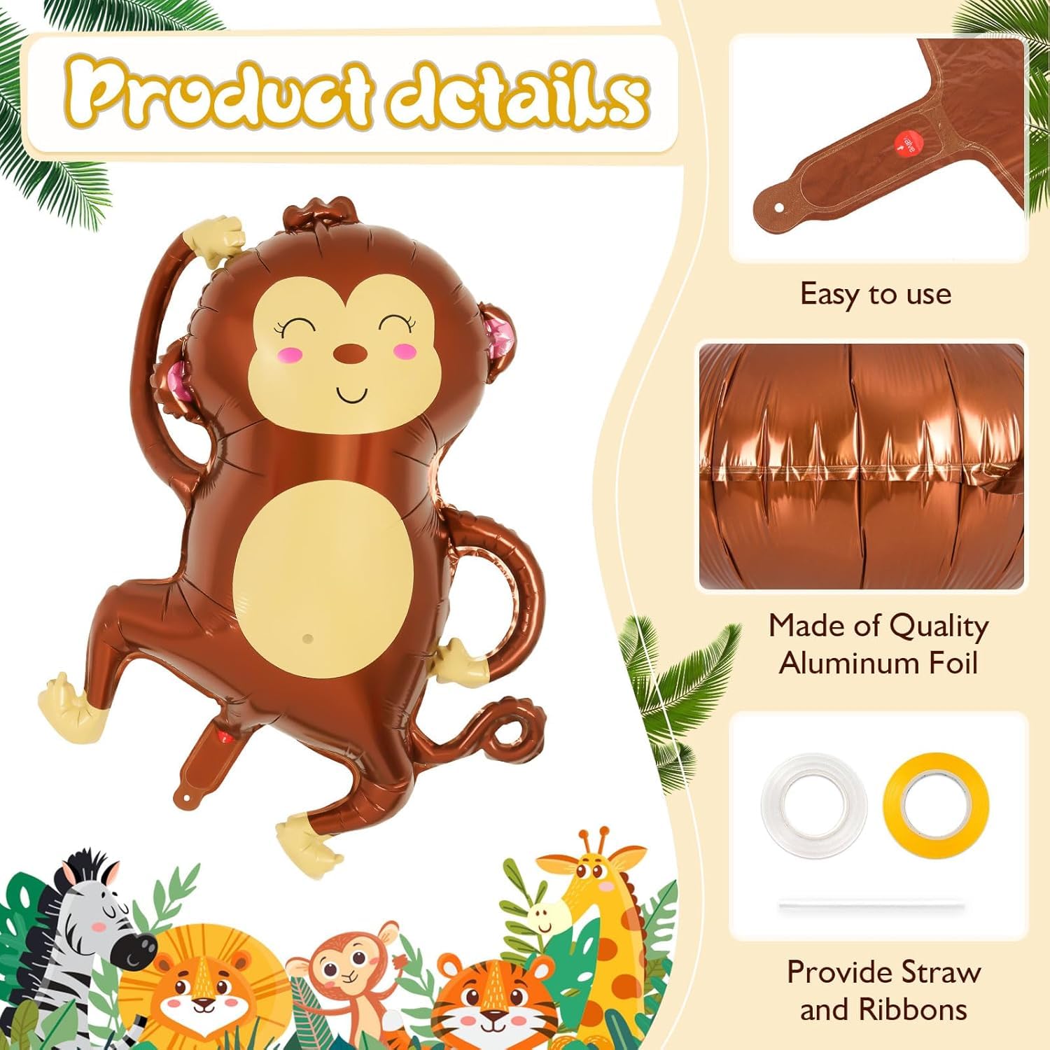 6 Pcs Safari Balloons, Jungle Safari Animals Foil Balloons, Giant Zoo Animal Balloon Zebra Elephant Monkey Lion Giraffe Leopard Shaped Animal Balloon for Zoo Wildlife Theme Birthday Party Decorations