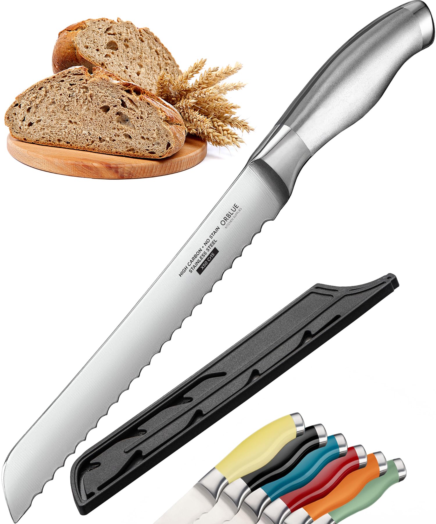 Orblue Serrated Bread Knife with Upgraded Stainless Steel Razor Sharp Wavy Edge Width - Bread Cutter Ideal for Slicing Homemade Bagels, Cake (8-Inch Blade with 5-Inch Handle)