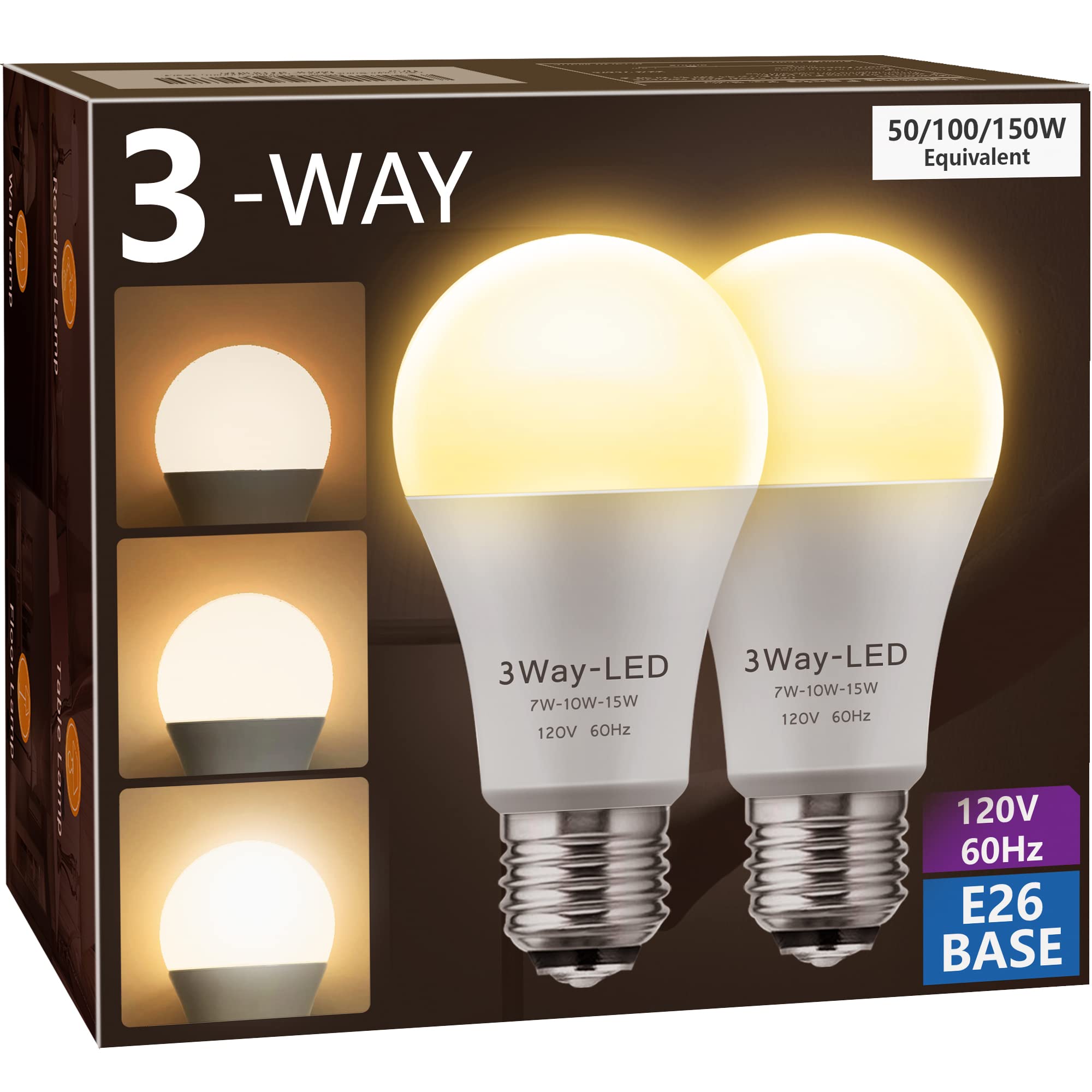 Briignite LED Light Bulbs, ?? ?????? ?????? ?????????? ?????????? 50 100 150W Equivalent, 3 Way Light Bulbs, Three Way A19 Light Bulbs E26 Medium Base, Warm White 3000K, 500lm-1000lm-1500lm, 2 Pack