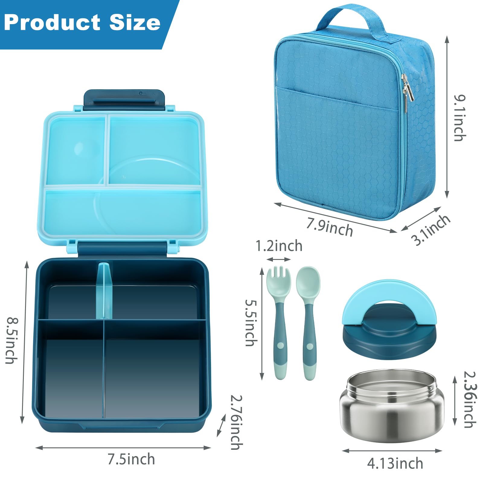 Bento Lunch Box Set for Kids with 8oz Soup Thermo, Leak-Proof Lunch Containers with 4 Compartment, Kids Thermo Hot Food Jar and Insulated Lunch Bag for Kid to School-Blue