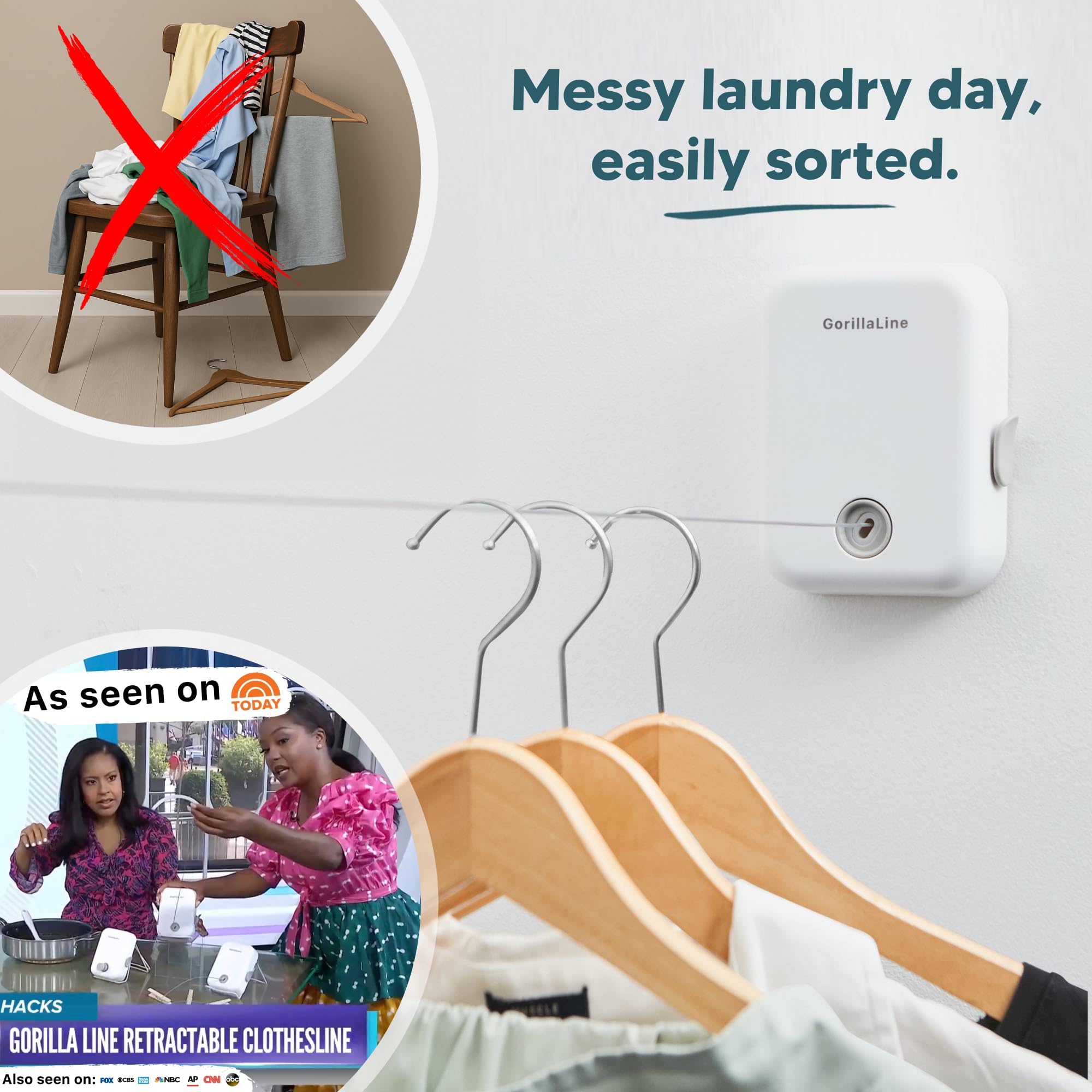 GorillaLine - Retractable Clothesline Indoor Outdoor Clothes Line | Heavy Duty Clothes Drying Laundry Line | Wall Mounted Drying Rack Clothing Line