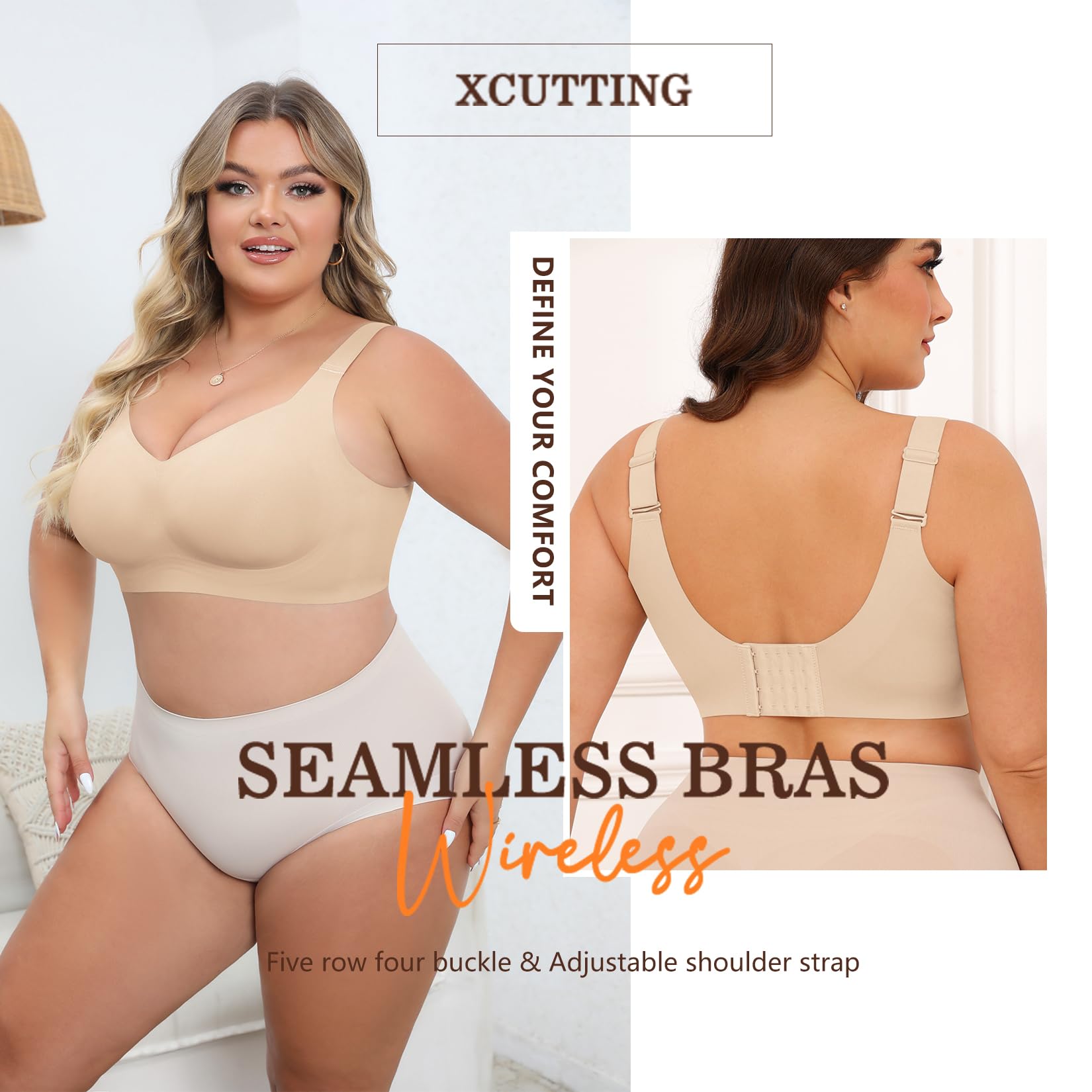 Xcutting Soft Sleep Wirefree Bras for Women Full Coverage No Underwire Wireless Bras Comfortable Sports Bras for Sagging Breasts Padded (Nude,2X-Large)