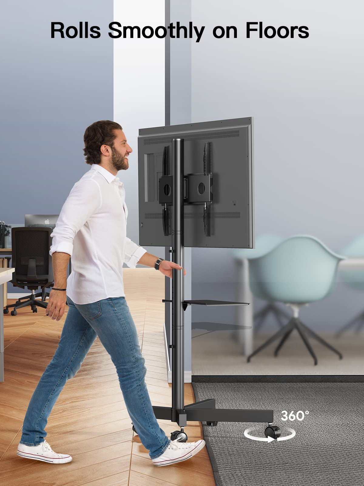 PERLESMITH Rolling TV Stand on Wheels for 23-60 Inch Flat Curved Screen TVs, Mobile TV Cart Height - Adjustable with Shelf/Tray, Portable TV Stand Holds up to 55 lbs, Max VESA 400x400mm, PSTVMC04