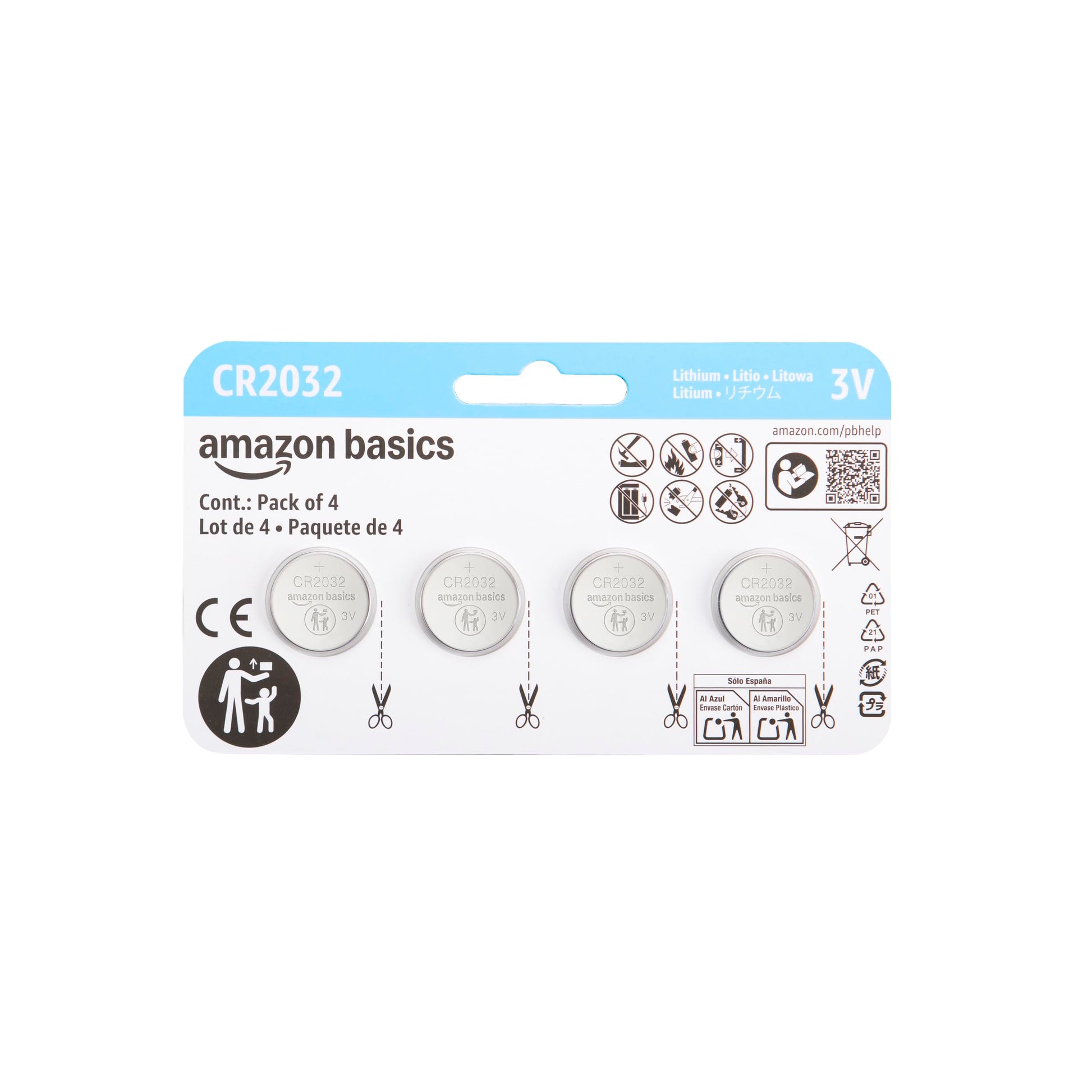 Amazon Basics CR2032 Lithium Batteries, 4-Pack, Child-Proof Package, Non-Coated - AirTag Compatible