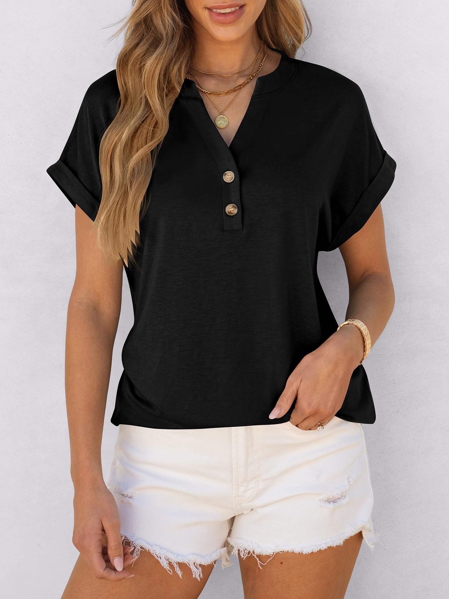 ANRABESS Womens Short Sleeve Henley Tops V Neck Dressy Casual Blouses Summer Trendy Tee Shirts 2025 Vacation Fashion Clothes Black XL