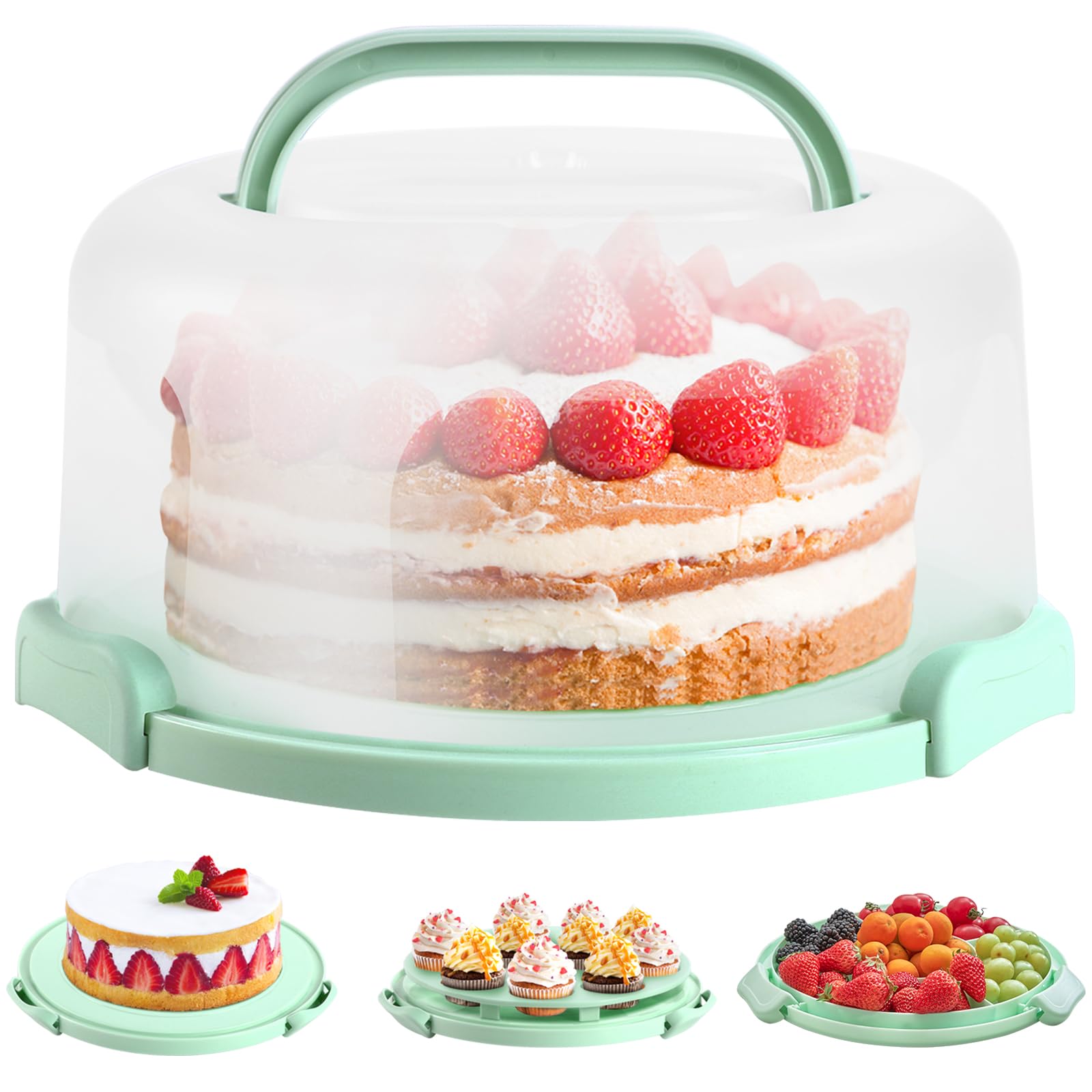 Ohuhu Cake Carrier with Lid and Handle, BPA-Free Cake Containers Cake Holder for 10 inch Cake with 2 Handles Cupcake Carrier - Plastic Cover Two Sided Base for Transport Pies Nuts Fruit Perfect Gifts