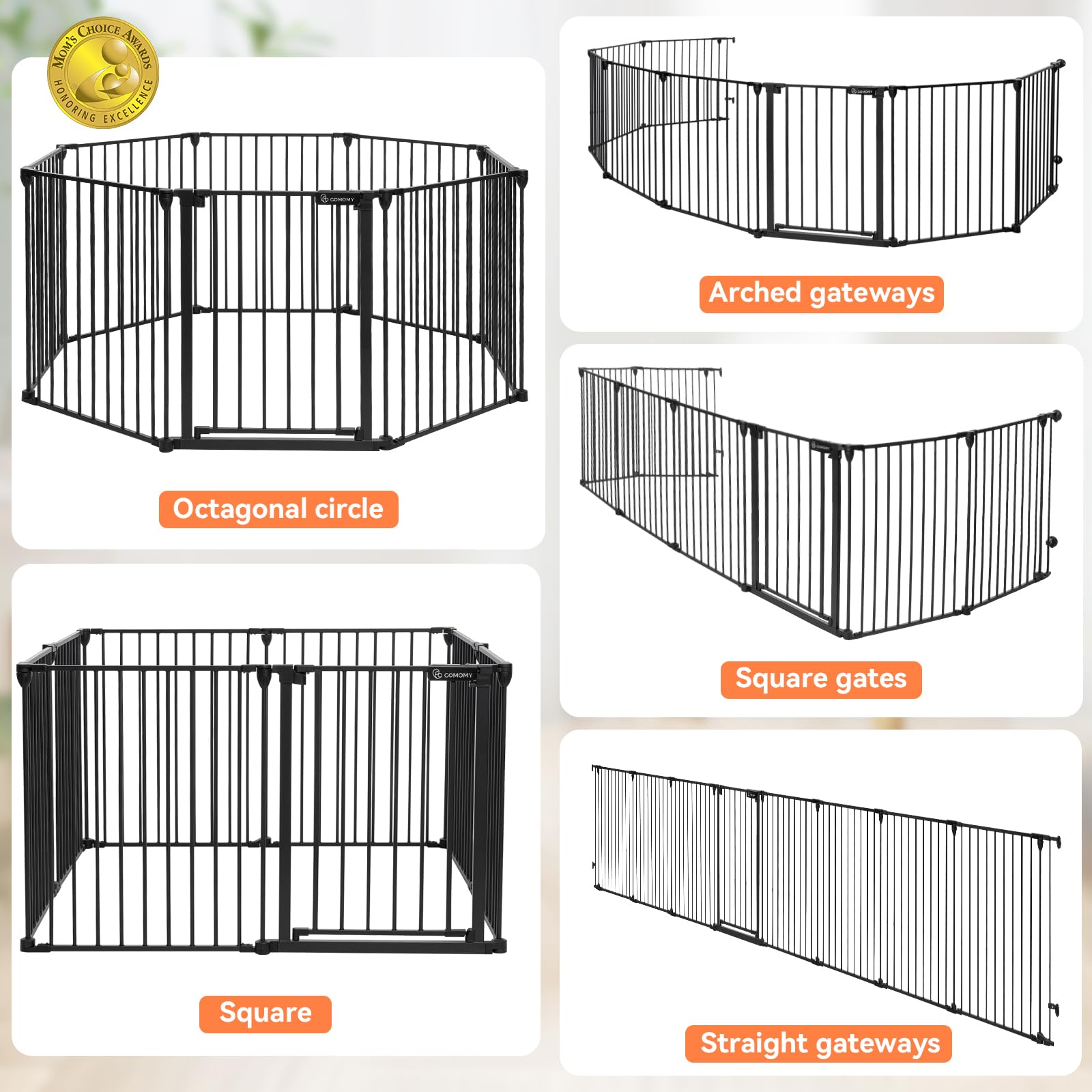 COMOMY 198" Baby Gate Extra Wide, Dog Gate Pet Gate for House Stairs Doorways Fireplace, 3 in 1 Play Yard Child Safety Gate, Auto Close, Hardware Mounted (30" Tall, Black)