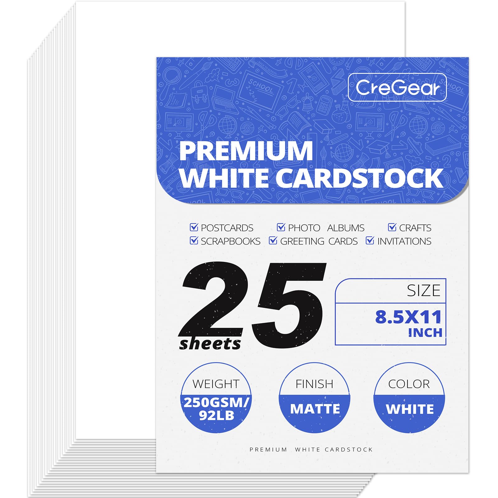 CreGear 25 Sheets White Cardstock 8.5 x 11 Cardstock Paper, Thick Cardstock 92lb/250gsm Card Stock Printer Paper, Card Stock Printer Paper for Card Making, Invitations, Menus, Scrapbooking