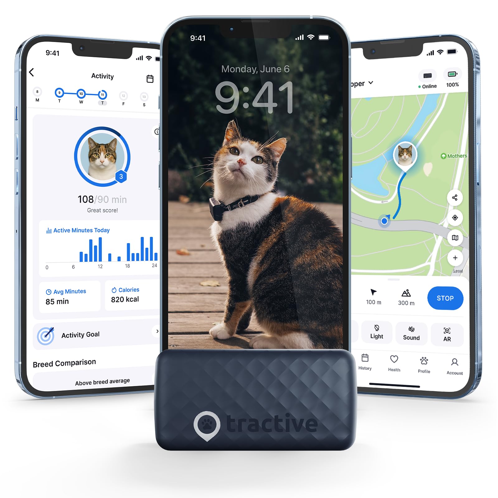Tractive Smart Cat GPS Tracker | Real-Time Location & Wellness Monitoring for Cats 6.5 lbs+ | Territory & Location History | Up to 5-Day Battery | Breakaway Collar Included (Dark Blue)