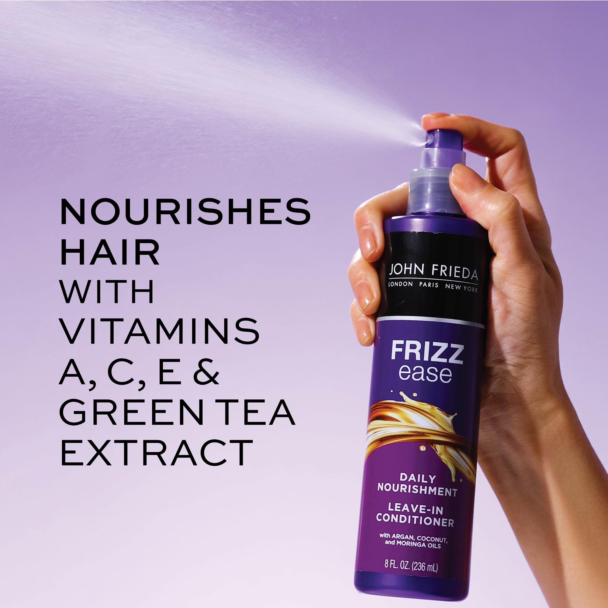 John Frieda Frizz Ease Daily Nourishment Leave-In Conditioner, Detangles Frizzy, Damaged Hair, Reduces Breakage, Protects Against Heat, with Vitamins A, C, E & Green Tea Extract, 8 Oz