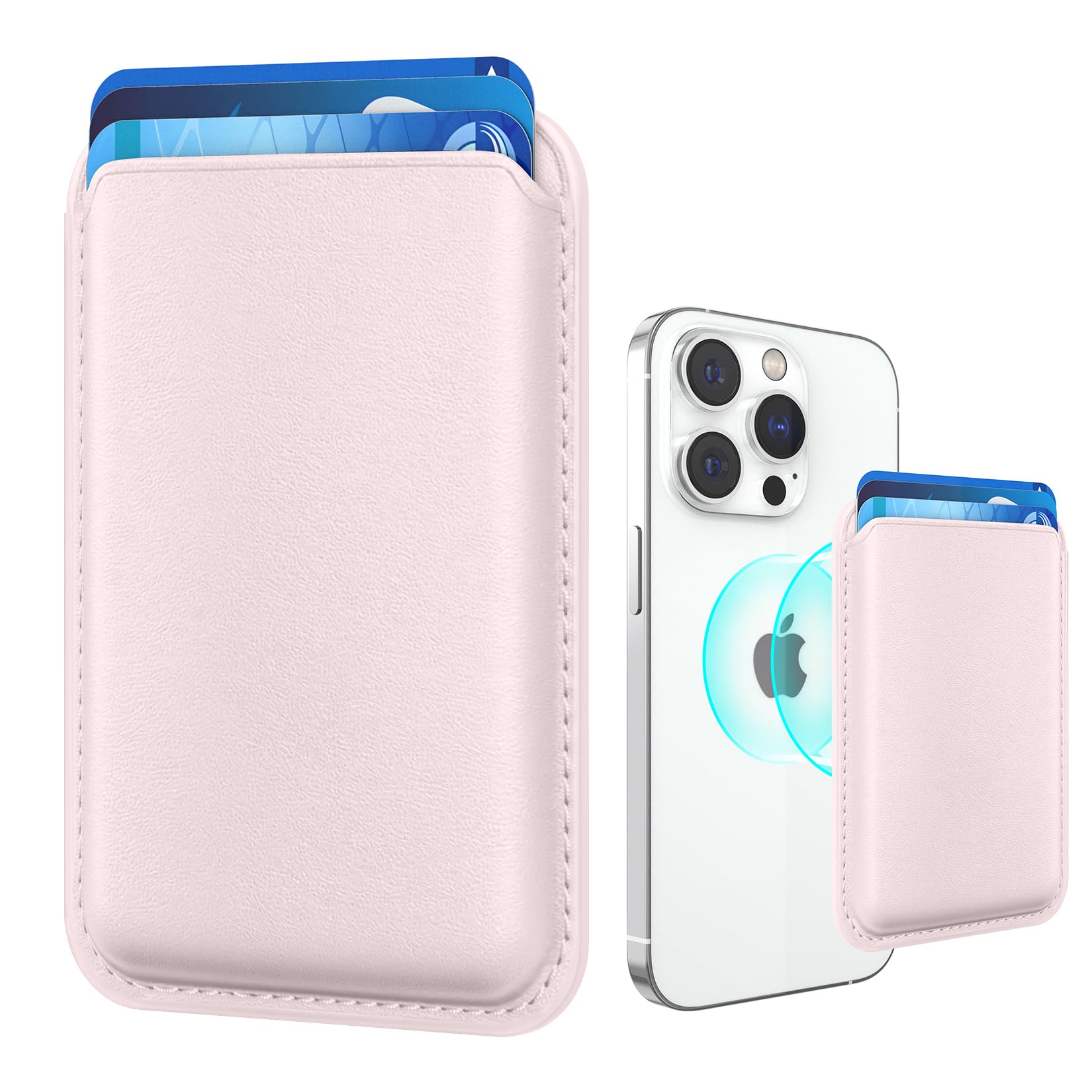 Amzone Magnetic Mag-safe Wallet Cell Phone Card Holder for Phone Case with Mag-Safe, Stronger Magnetic RFID Leather Phone Wallet Stick on Series of iPhone 15/14/13/12 and Pro/Promax, Light Pink