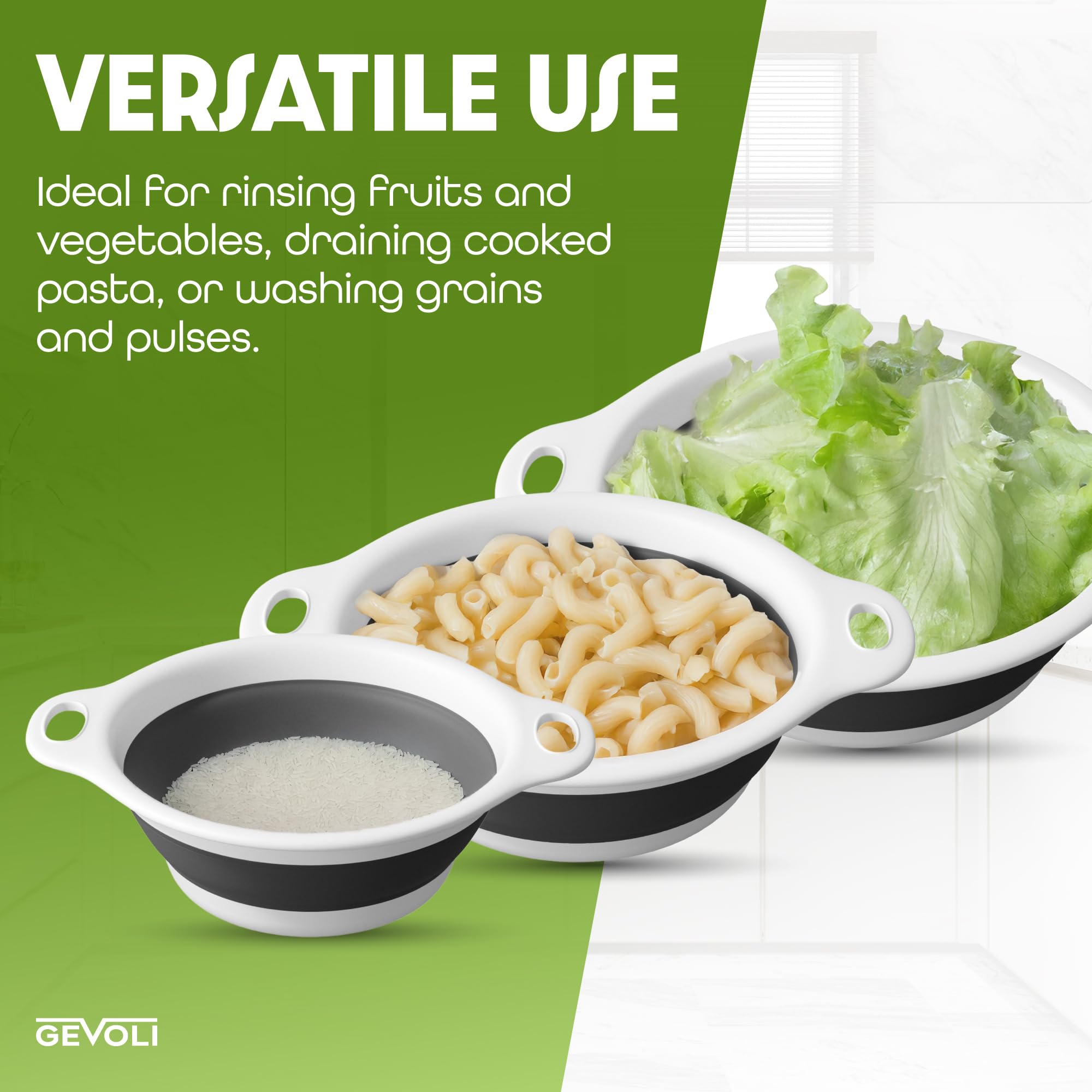 Gevoli Collapsible Colanders (3 Pack Set) Food Strainers with Over-Sink Water Draining Base for Pasta Fruits and Vegetables, White (3 Sizes, 3QT, 4QT and 5 Quart)