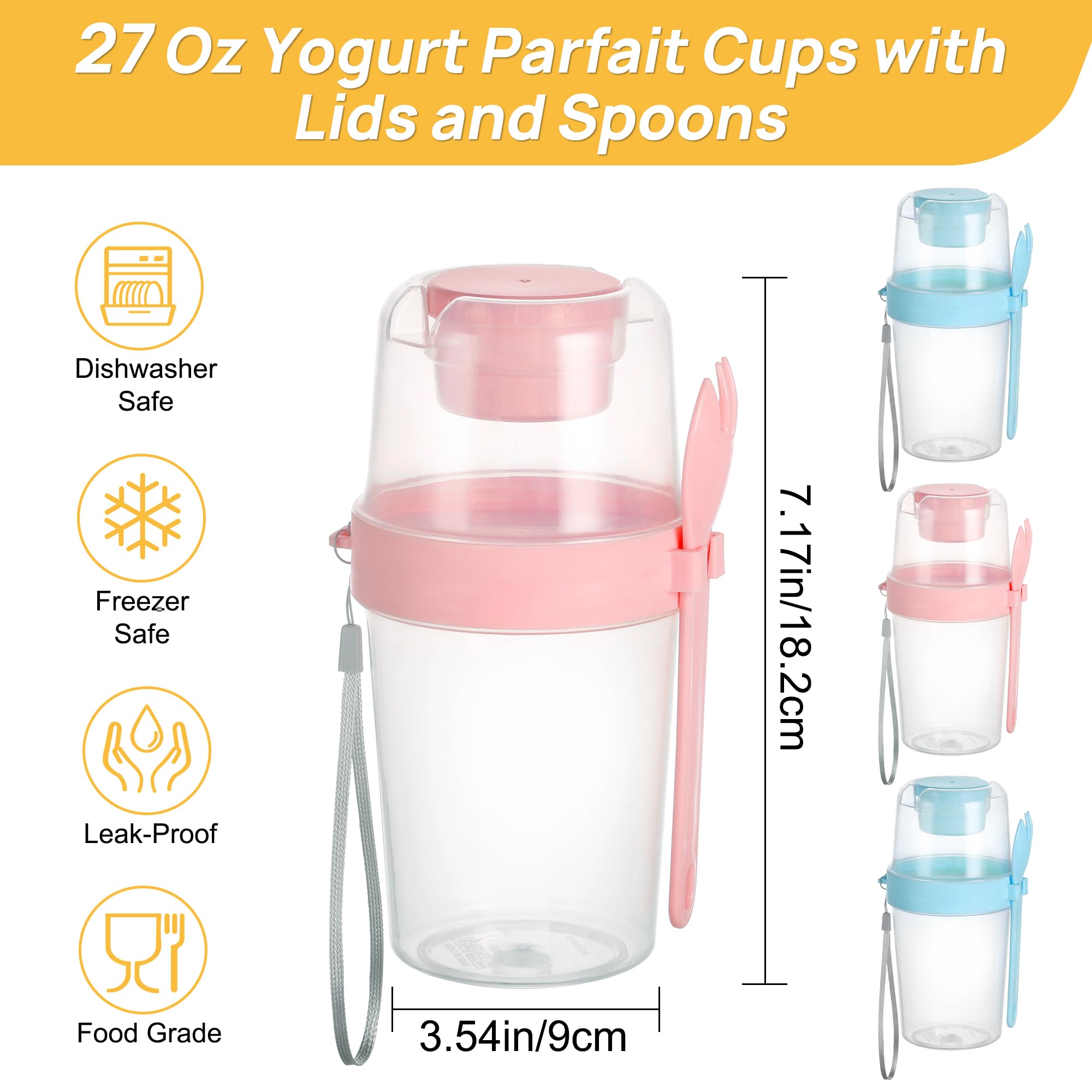 Vtopmart 4 Pack 27oz Yogurt Parfait Cups with Lids and Spoons, Overnight Oats Containers, Reusable Topping Compartment for Breakfast with Yogurt, Cereal or Oatmeal On-the-Go