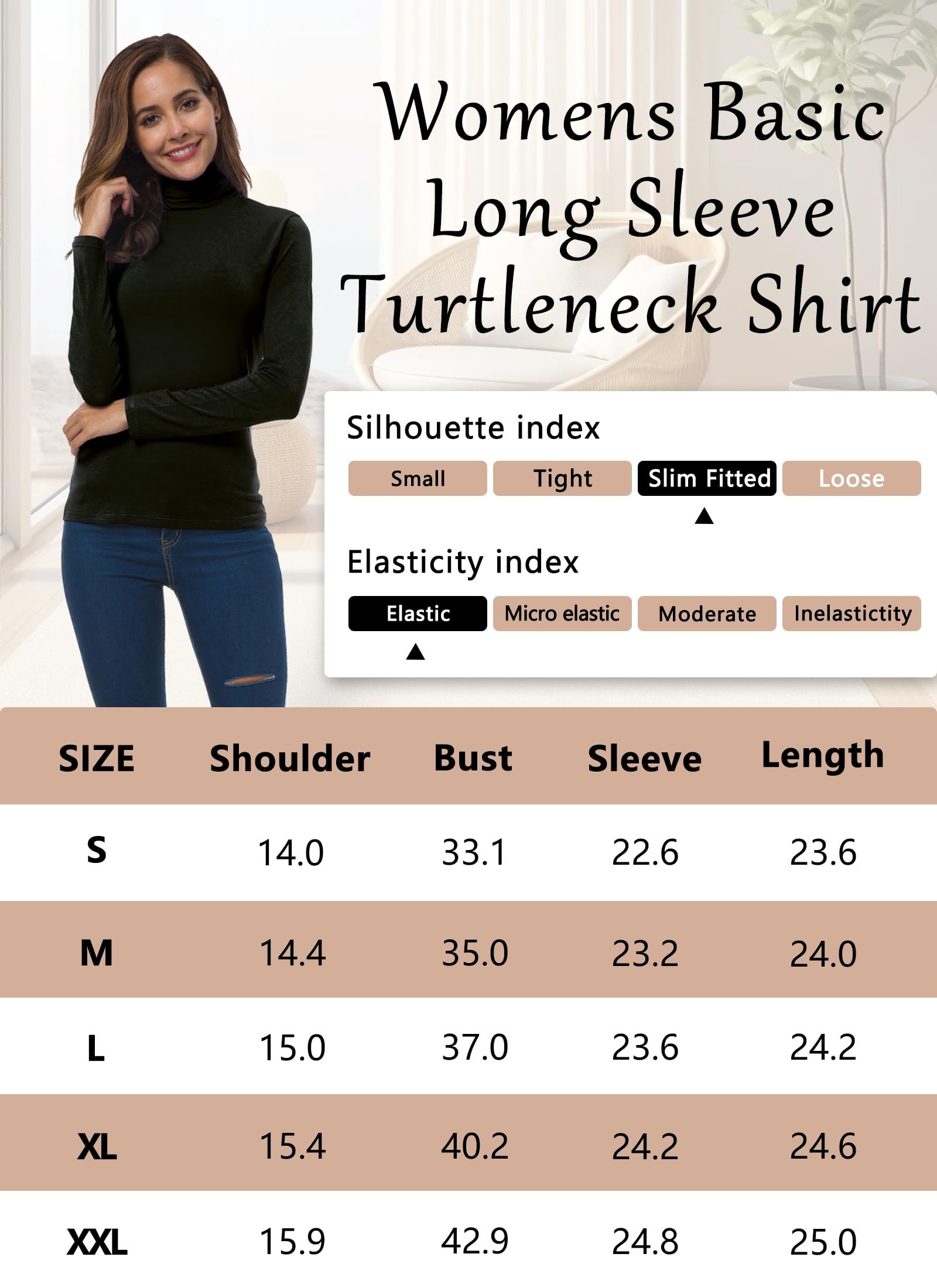 Womens White Turtleneck Tops Long Sleeve Lightweight Slim Active Shirt White Medium