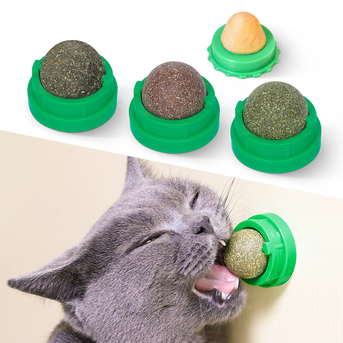 Potaroma Katzenminze-Spielzeugbälle 4 Stück, Extra Katzen-Energieball, Essbare Kätzchen-Silberwein-Spielzeuge für Katzen zum Lecken, Gesunde Kätzchen-Zahnreinigungs-Kauspielzeuge, Katzenwand-Leckerlis (Grün)